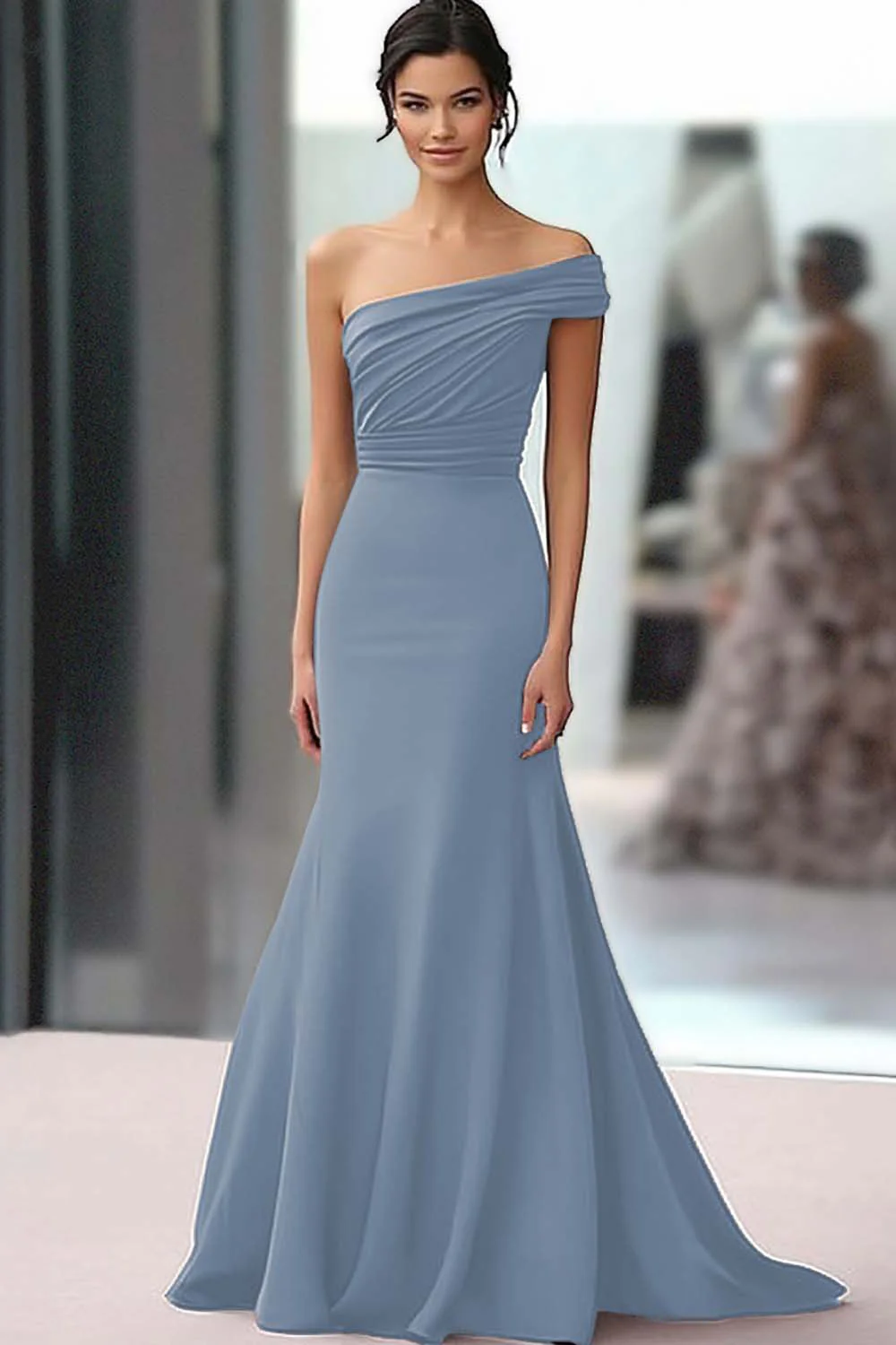Coffee One Shoulder Crepe Mermaid Long Ruched Gala Dress - VNBITS
