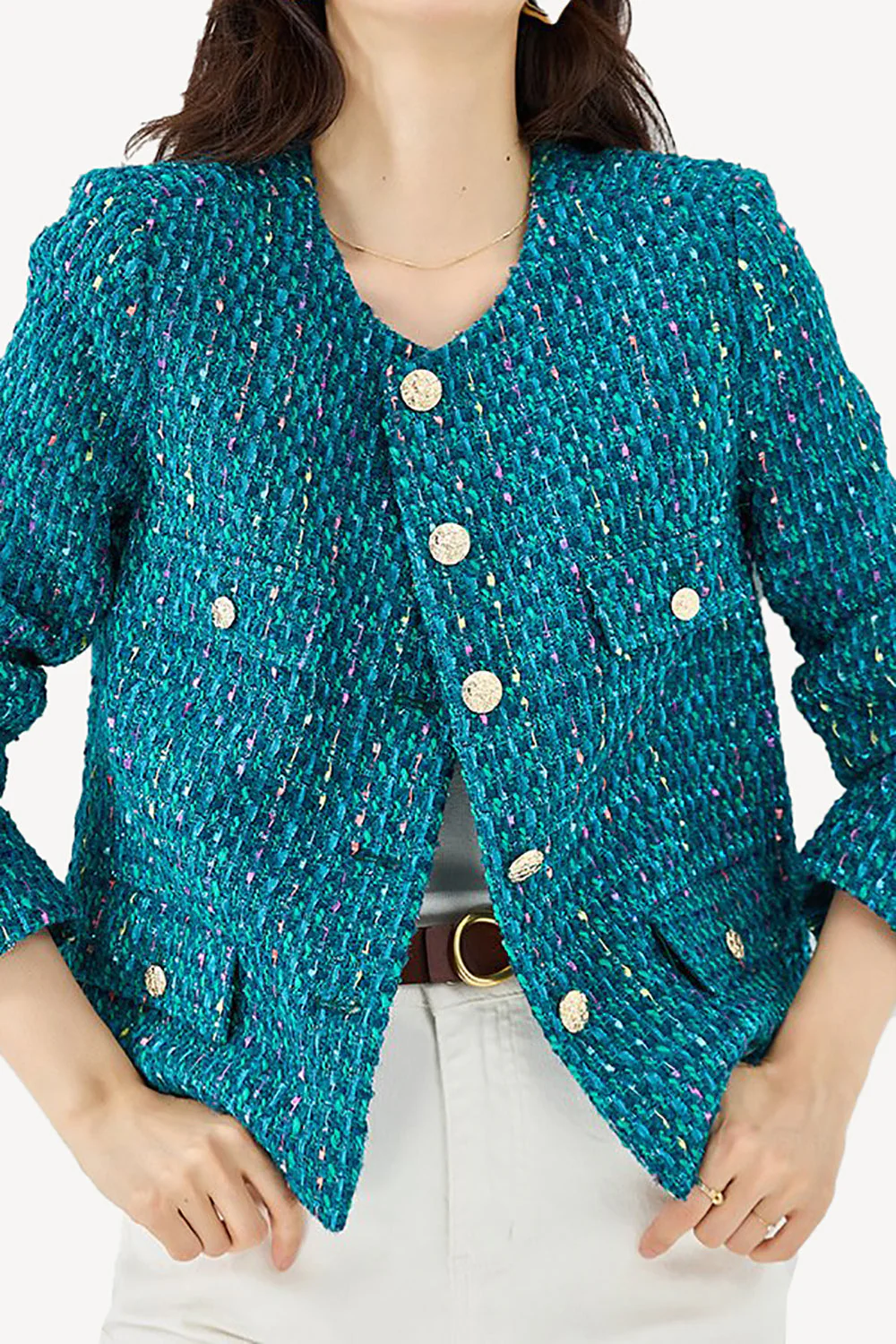 Dark Blue Tweed Open Front Women Jacket - VNBITS