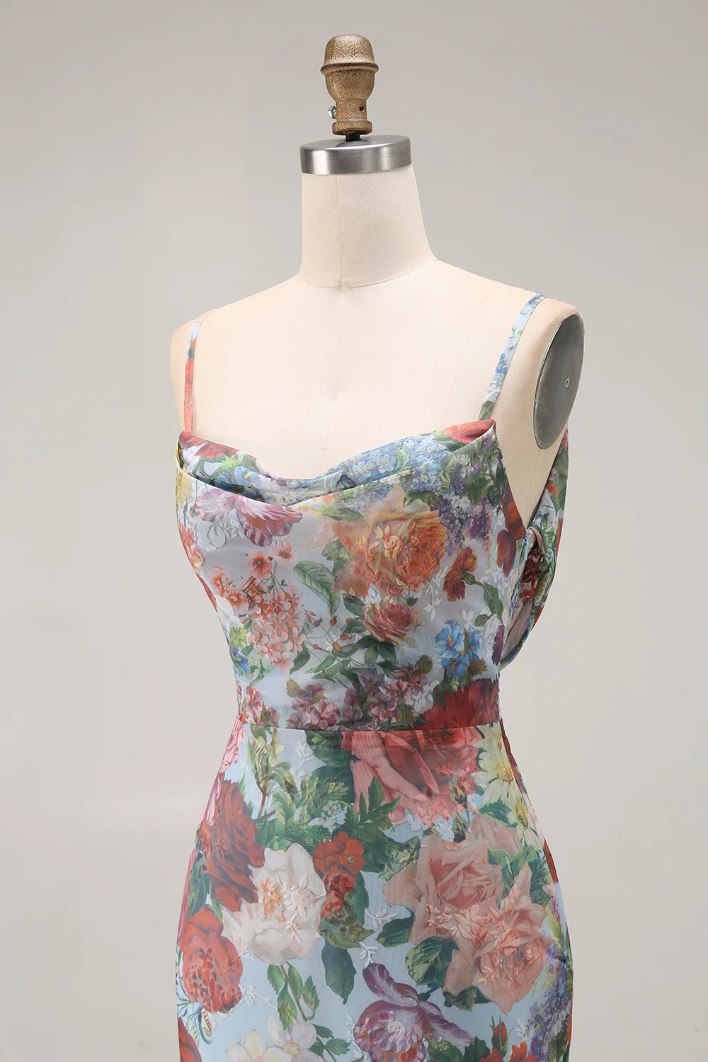 Blue Floral Spaghetti Straps Long Wedding Guest Dress with Slit - VNBITS