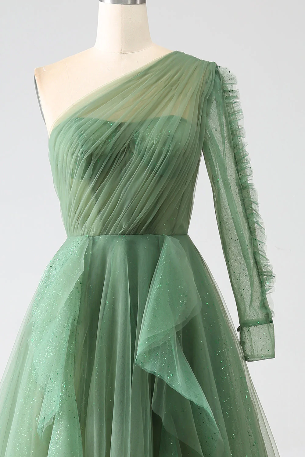 Dark Green A-Line One-Shoulder Long Prom Dresses With Long Sleeves - VNBITS