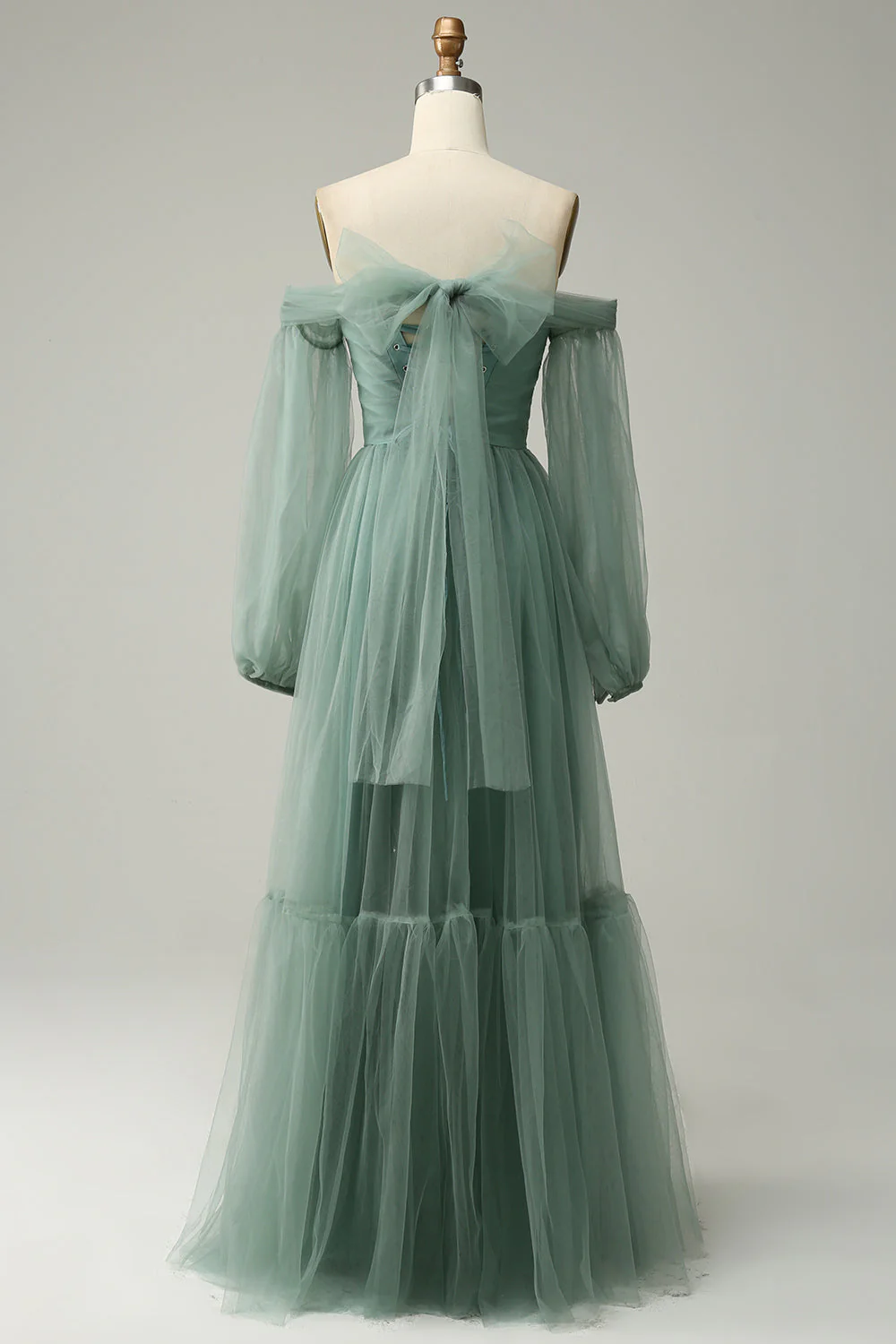 Off The Shoulder Grey Green A-Line Tull Prom Dress With Long Sleeves - VNBITS
