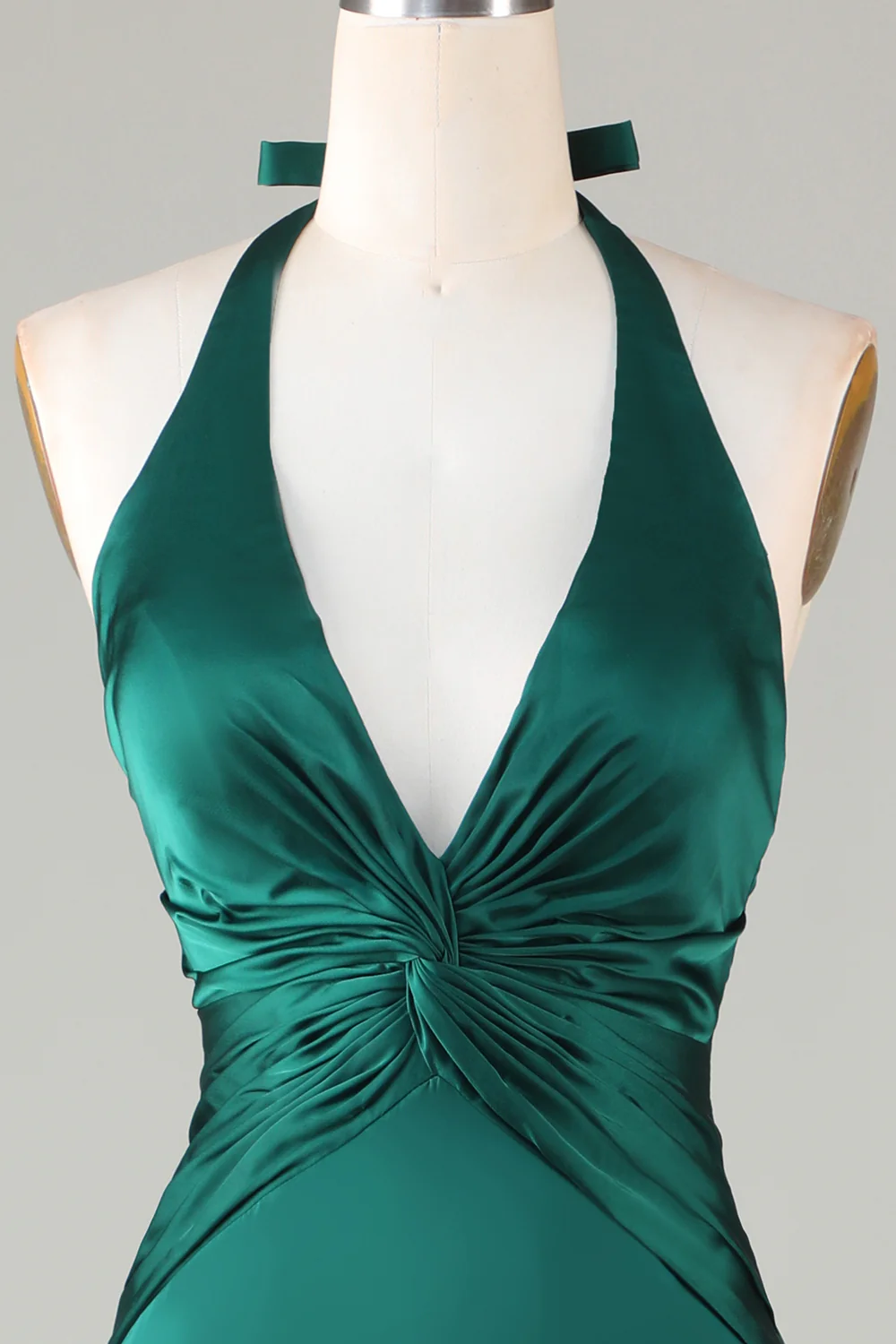 Mermaid Halter Dark Green Long Satin Bridesmaid Dress - VNBITS