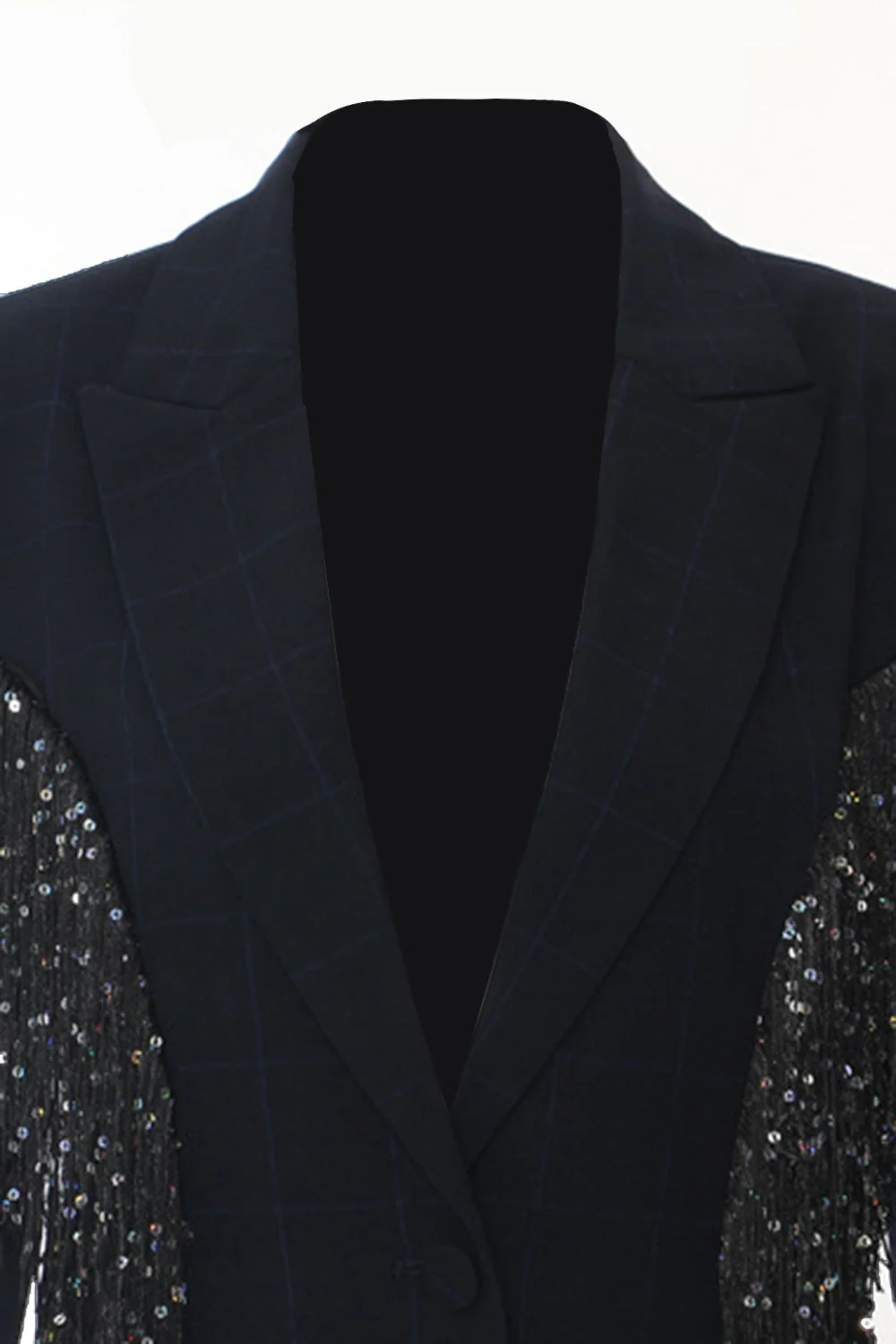 Sparkly Navy Peak Lapel Women Blazer with Fringes - VNBITS