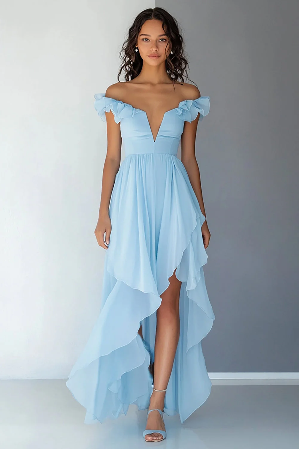 Sky Blue High Low Chiffon Off the Shoulder Formal Dress - VNBITS
