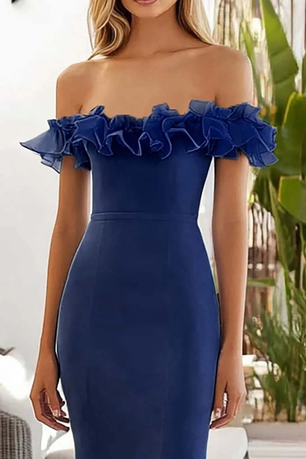Navy Tulle Off the Shoulder Long Mermaid Prom Dress with Ruffles - VNBITS