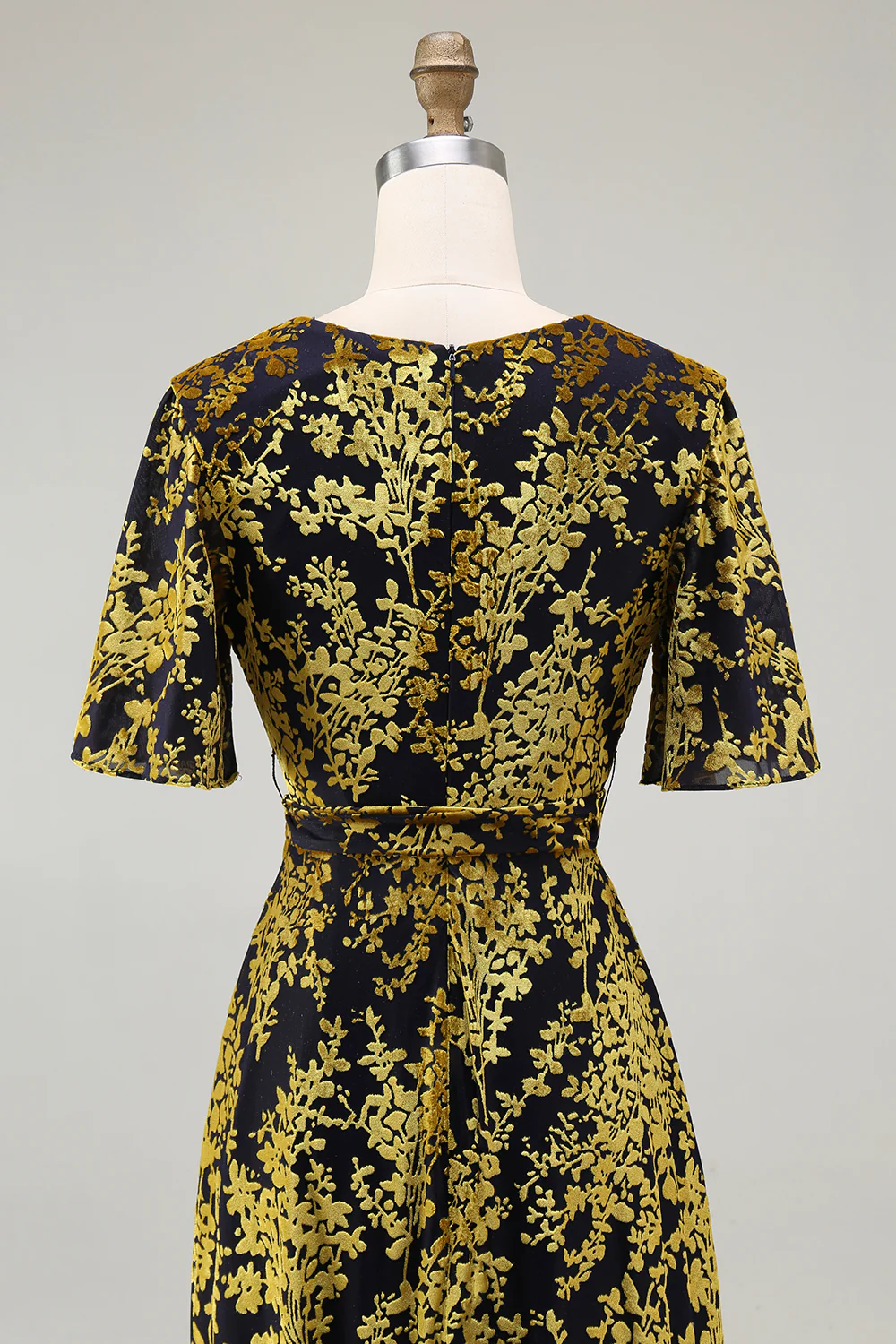 Golden Purple Velvet Burnout V-Neck A-Line Long Wedding Guest Dress - VNBITS