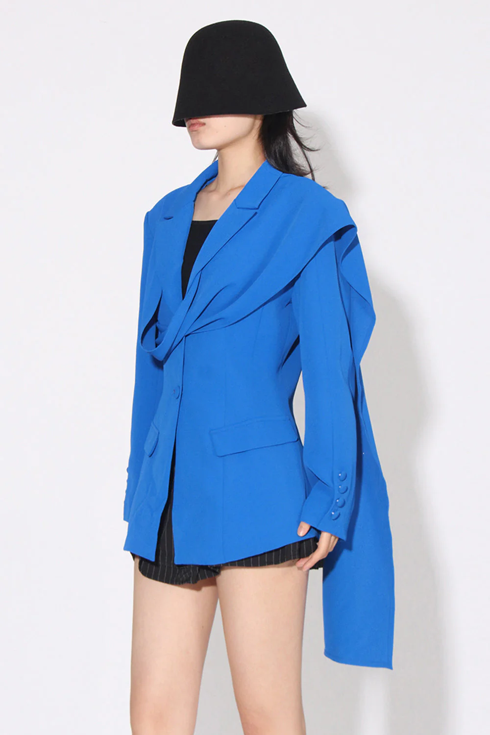 Royal Blue Asymmetrical Notched Lapel Women Blazer - VNBITS