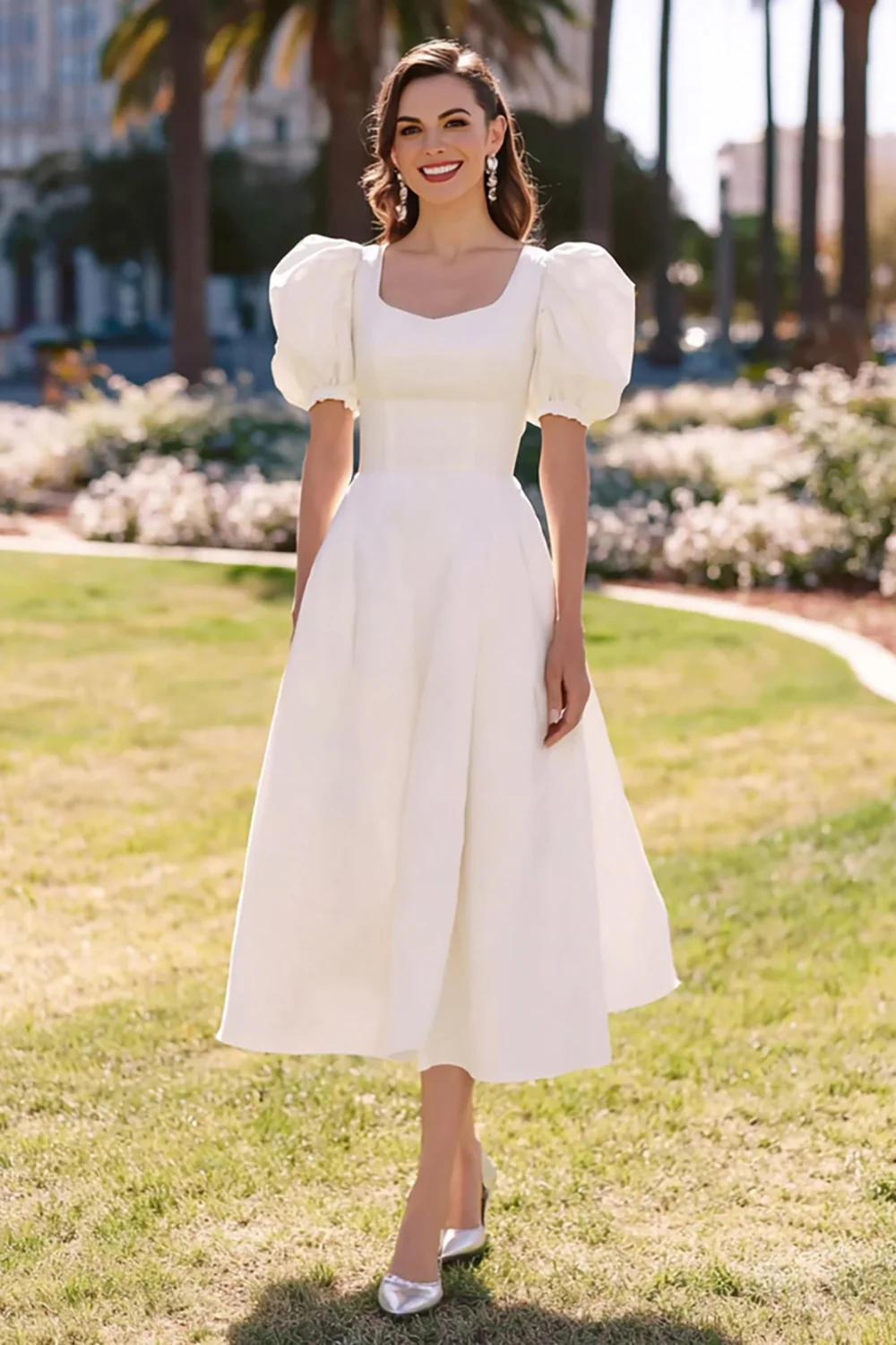 Simple White A Line Midi Engagement Dress with Sleeves - VNBITS