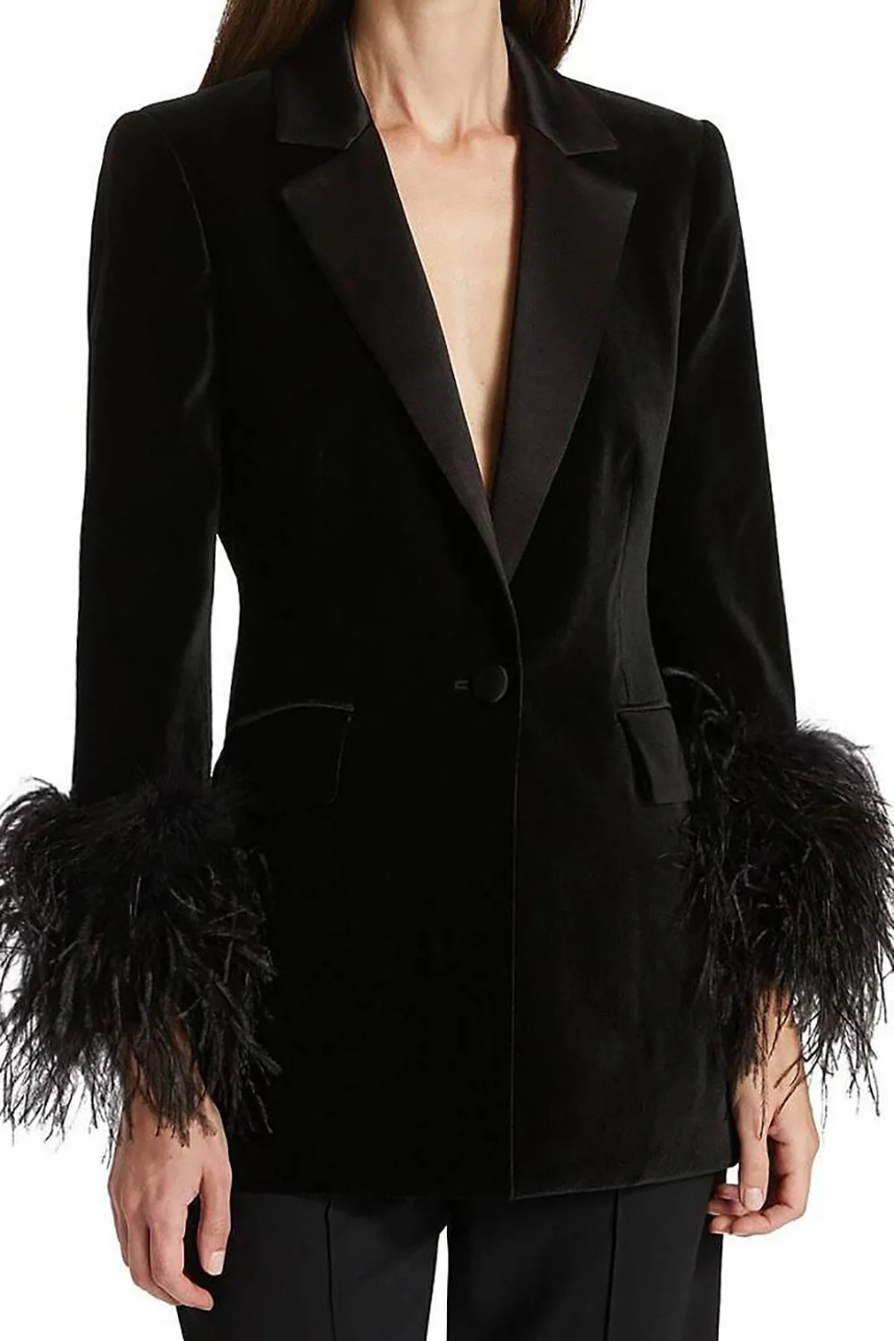 Black Velvet Peak Lapel Women Coat with Feathers - VNBITS