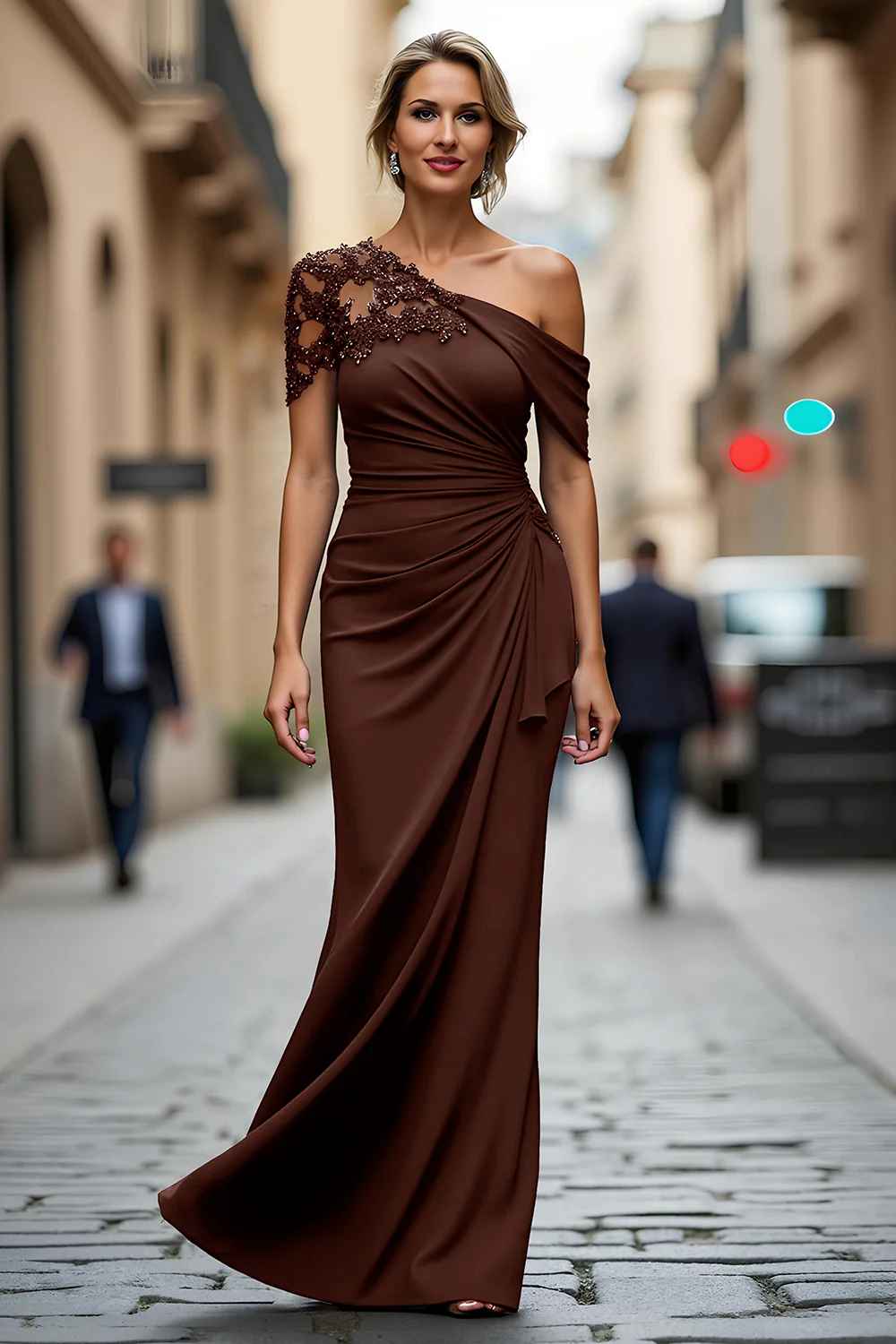 Black One Shoulder Sheath Long Mother of the Bride Dress with Appliques - VNBITS