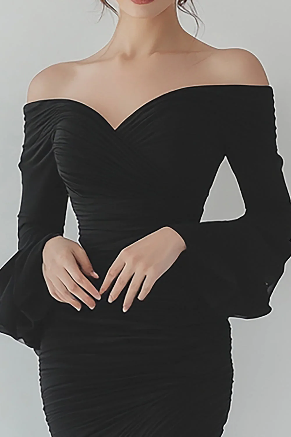 Black Asymmetrical Sheath Formal Dress with Long Sleeves - VNBITS
