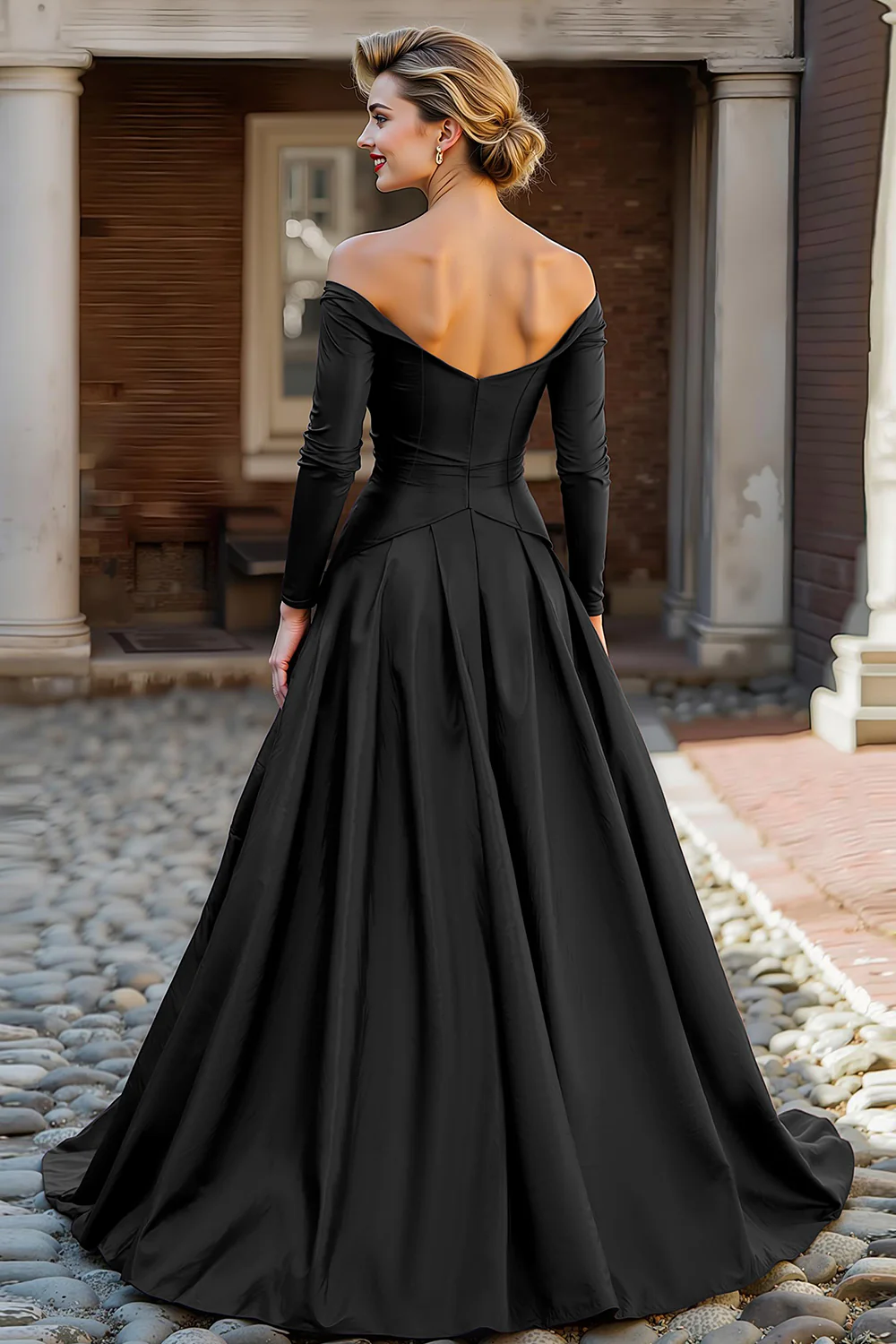 Plum Off the Shoulder A Line Long Mother of the Bride Dress with Sleeves - VNBITS