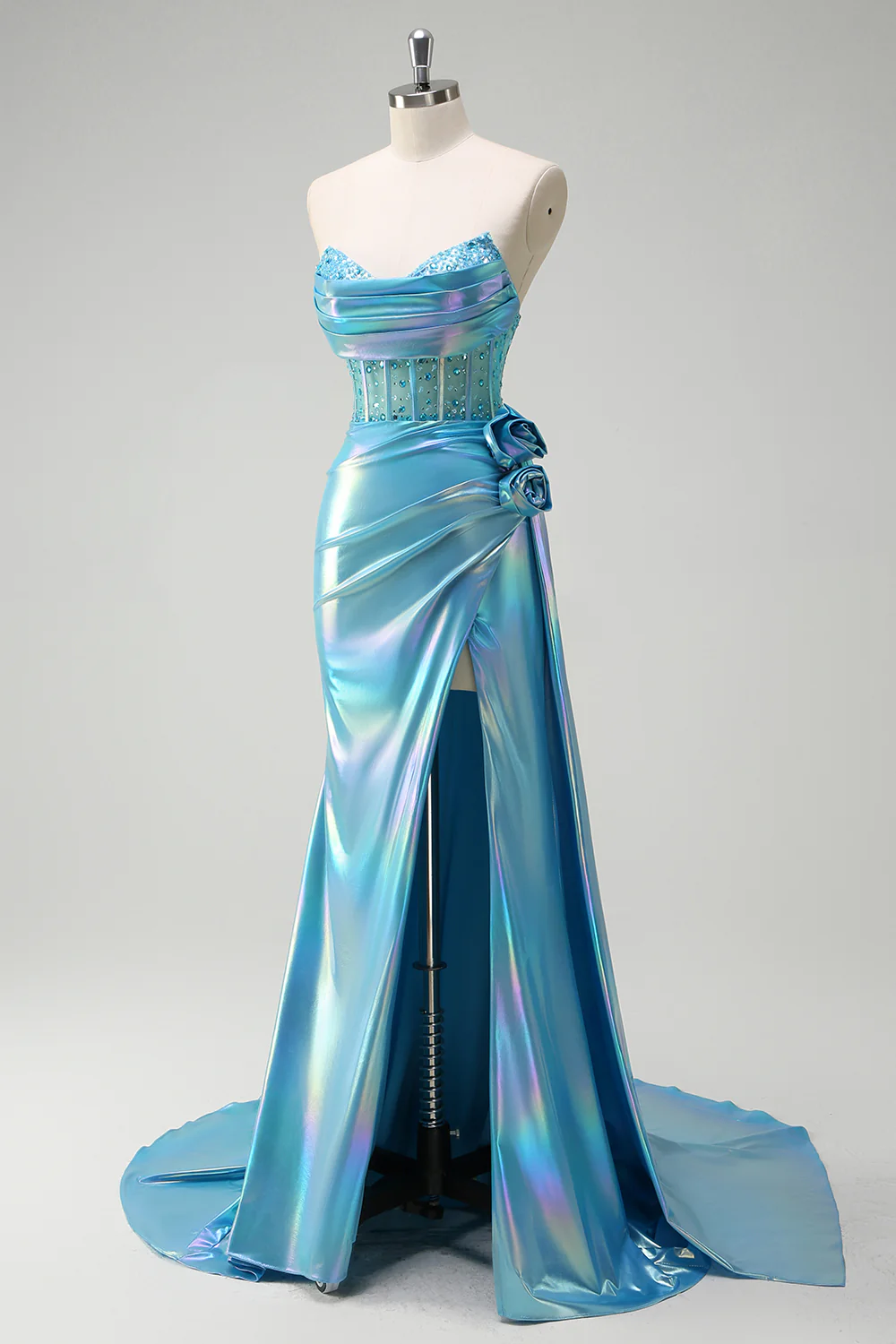 Sparkly Blue Flower Strapless Mermaid Long Prom Dress with Slit - VNBITS