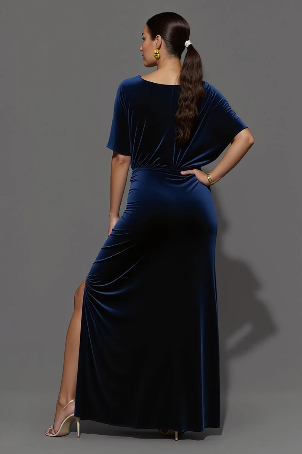 Navy Sheath Velvet Boat Neck Long Ruched Formal Dress with Slit - VNBITS