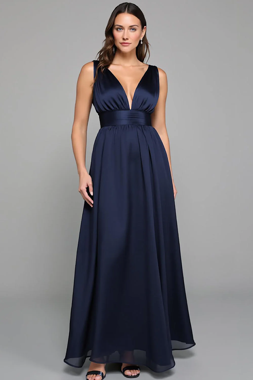 Simple Navy A Line Deep V Neck Long Formal Dress - VNBITS