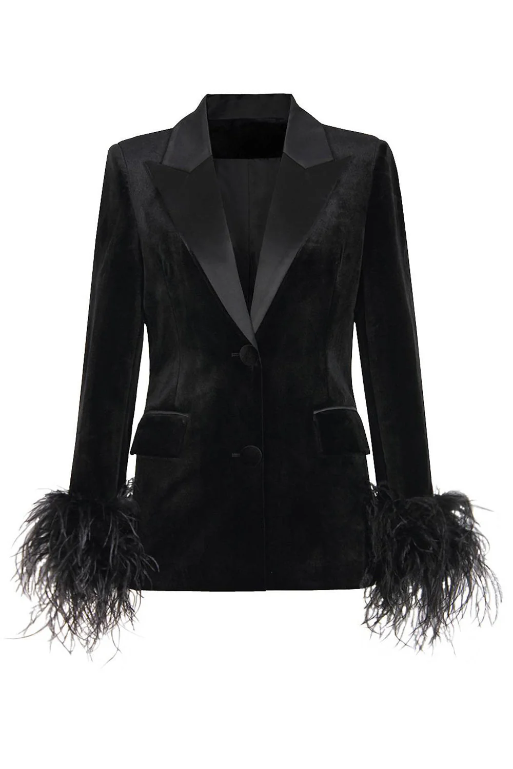 Black Velvet Peak Lapel Women Coat with Feathers - VNBITS