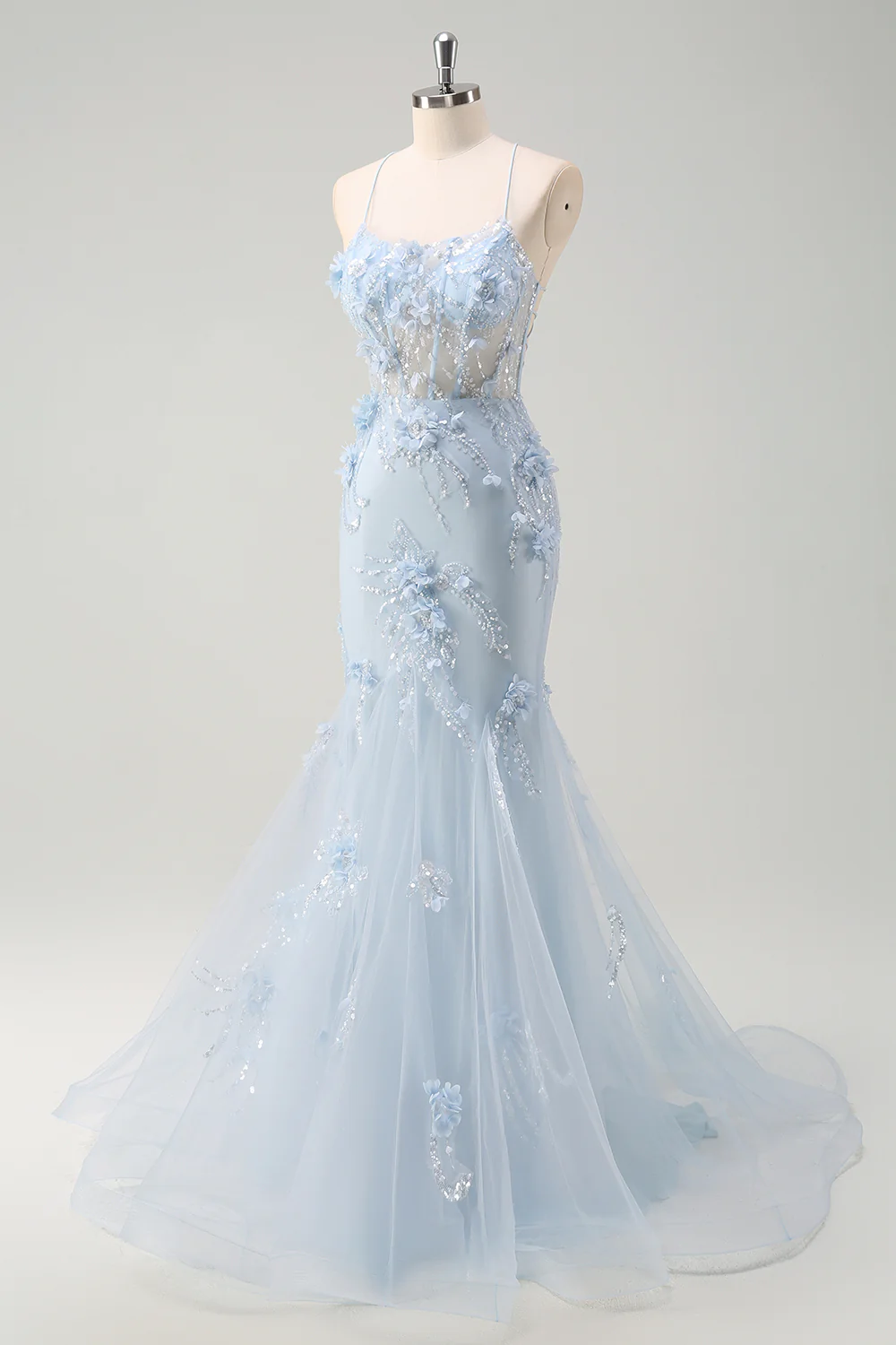 Sparkly Blue Mermaid Long Prom Dress with 3D Flowers - VNBITS