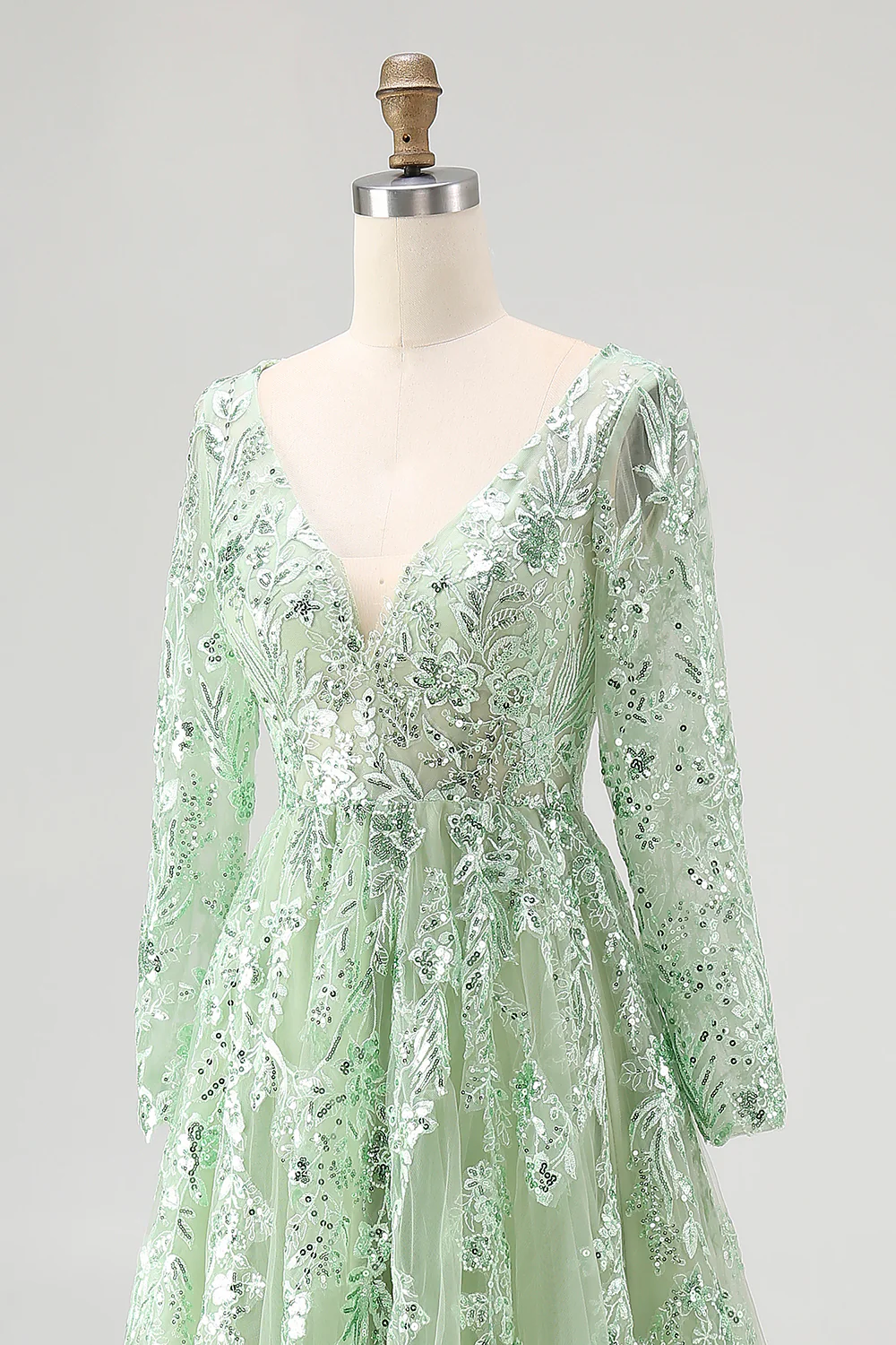 Dusty Sage Lace Applique Tulle V Neck Prom Dress with Long Sleeves - VNBITS