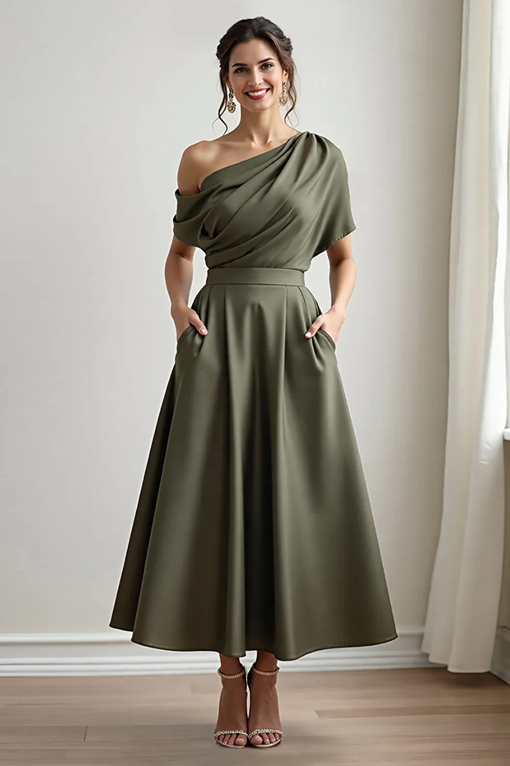 Black A Line Long Satin Mother of the Bride Dress with Pockets - VNBITS