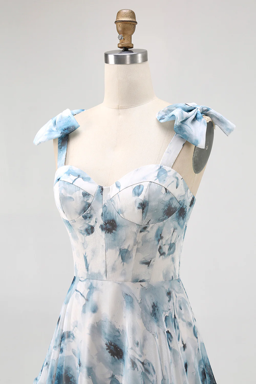 Blue A Line Floral Chiffon Long Bridesmaid Dress with Bows - VNBITS