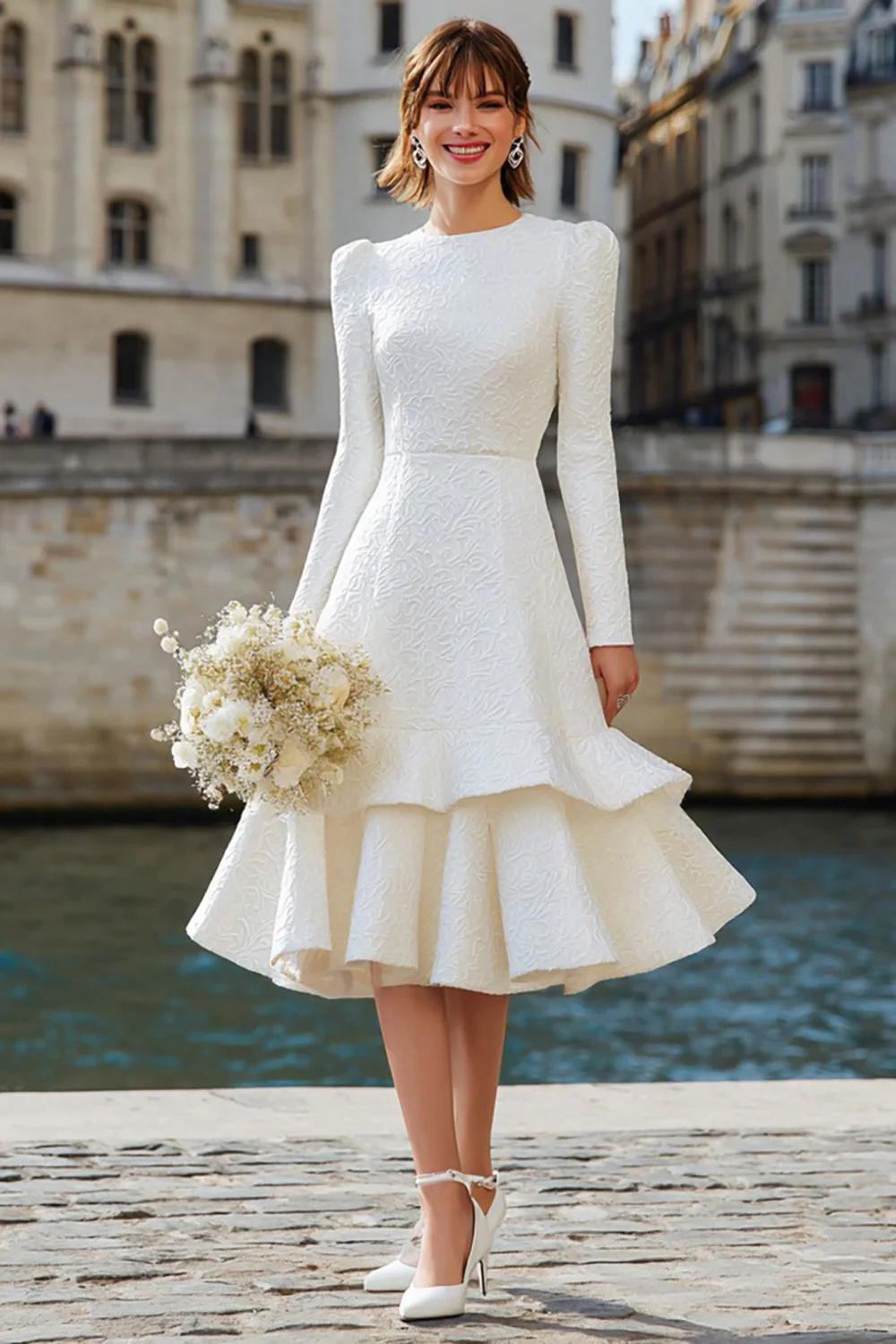 Ivory A Line Long Sleeves Midi Bridal Dress with Ruffles - VNBITS
