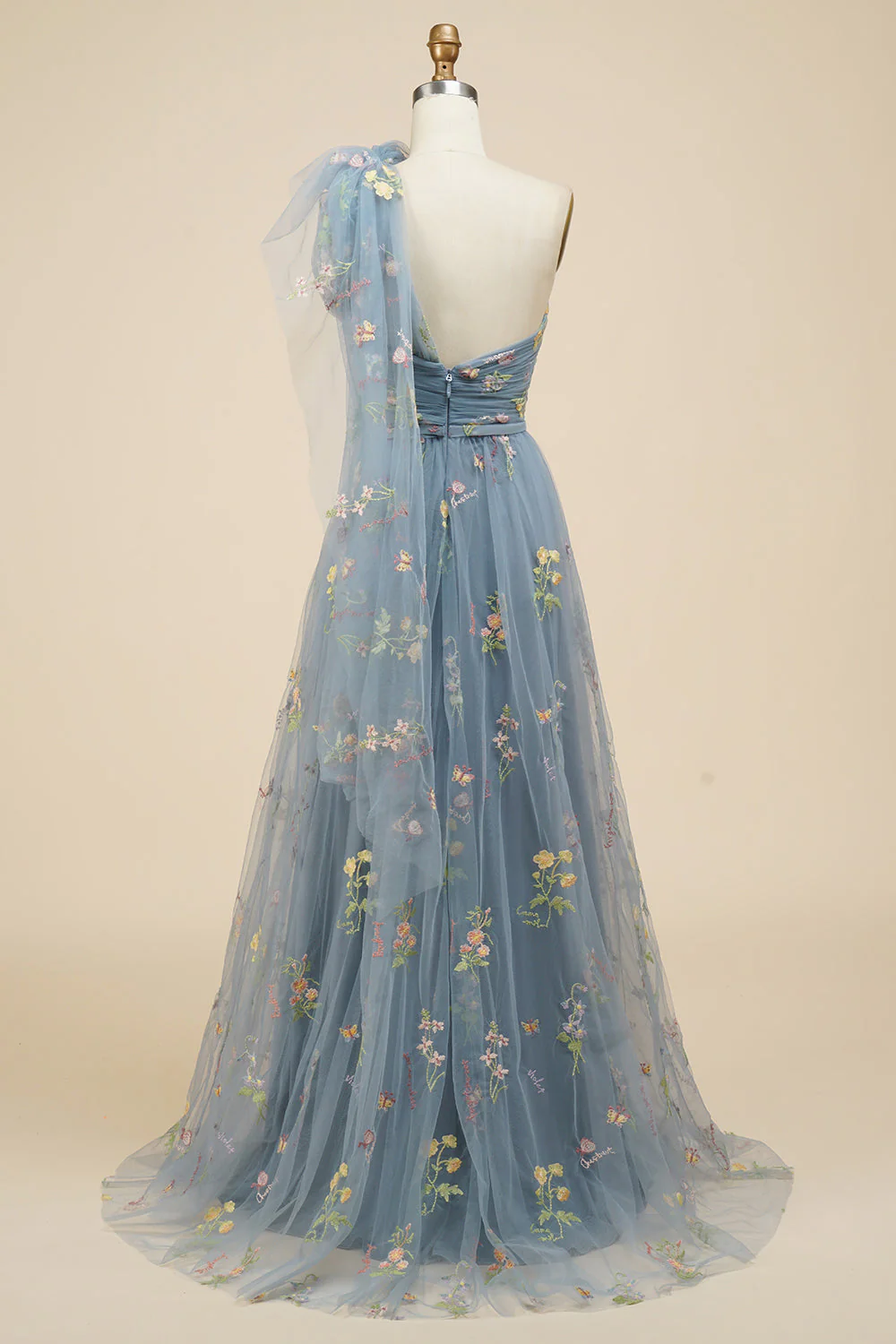 A-Line Grey Blue Long Prom Dress With Embroidery - VNBITS
