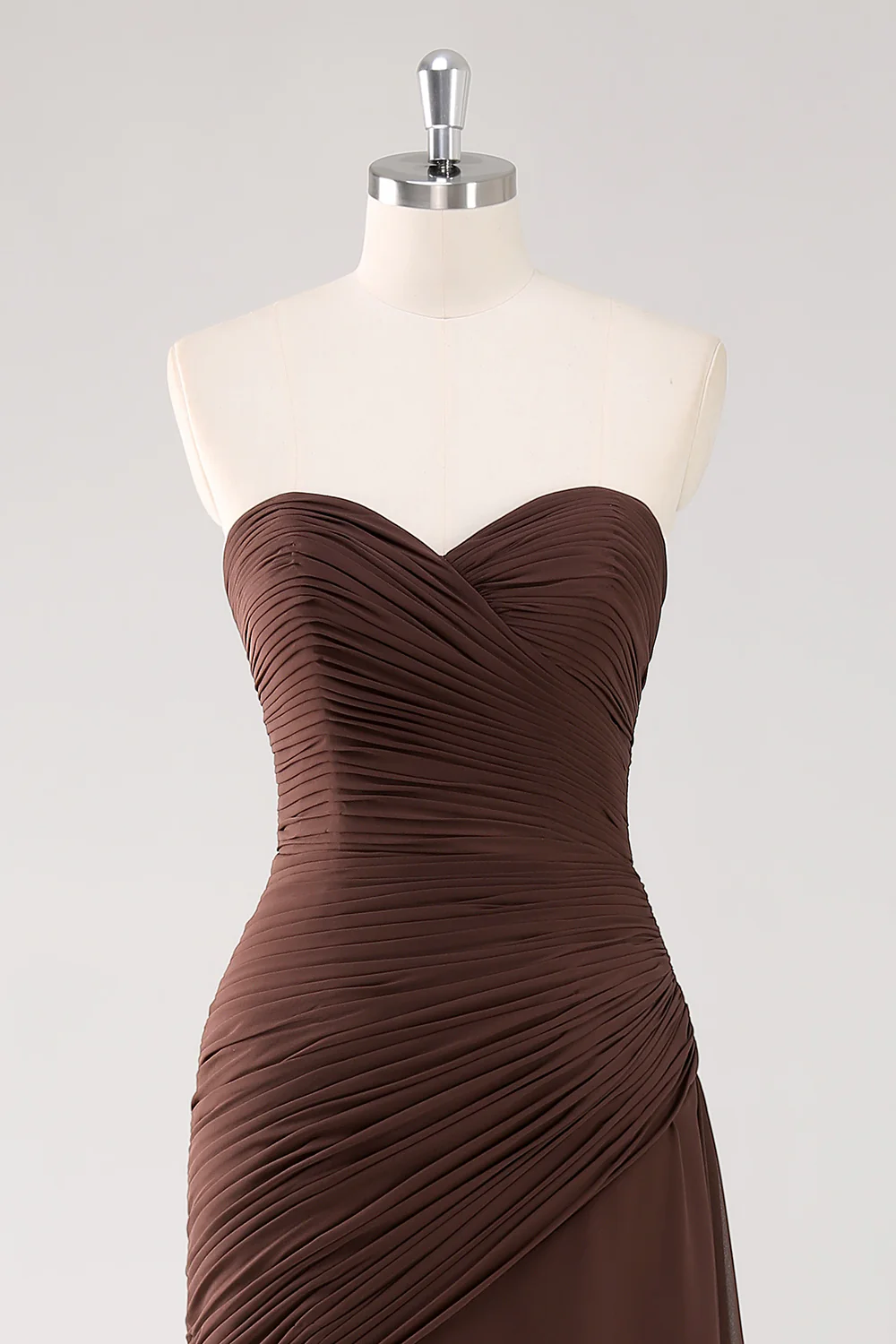 Dark Brown Sweetheart Ruched Long Formal Dress with Ruffles - VNBITS