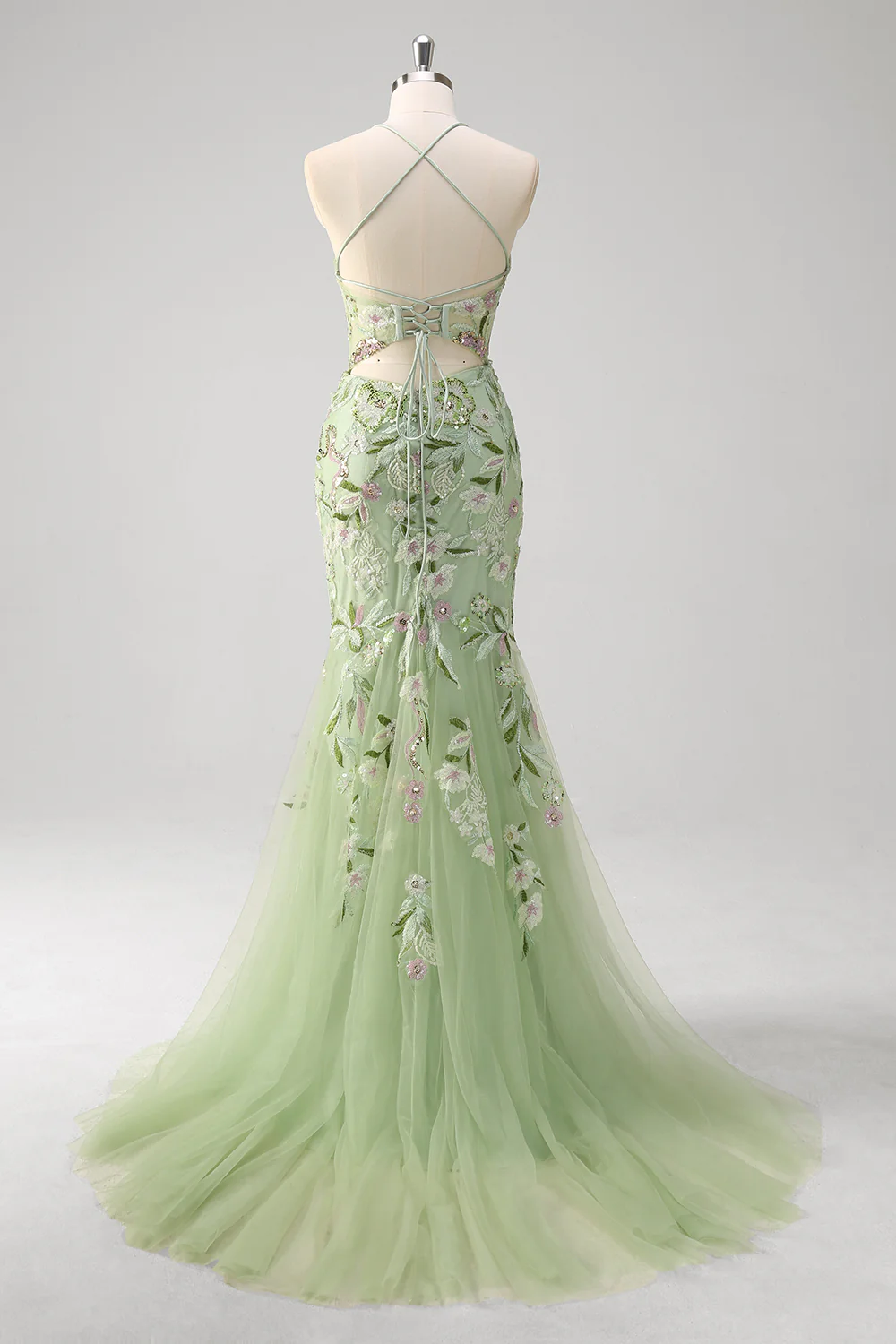 Green Floral Mermaid Applique Spaghetti Straps Corset Long Prom Dress with Slit - VNBITS