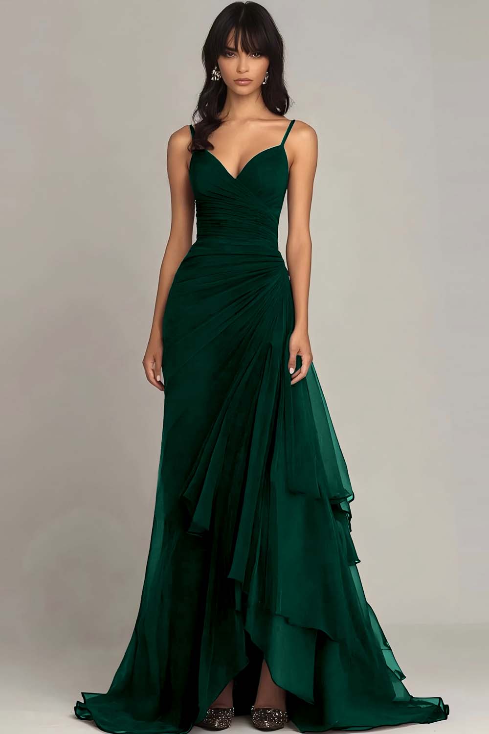 Ink Blue Sweetheart Ruched Chiffon Long Formal Dress with Ruffles - VNBITS