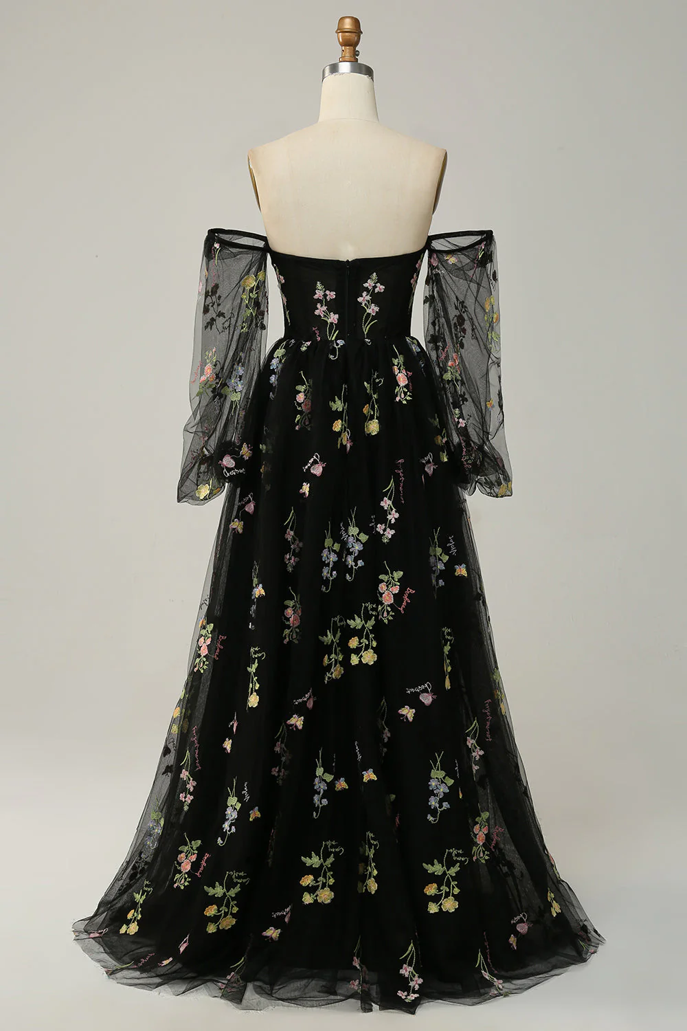 Black Off Shoulder Floral Long Prom Dress - VNBITS