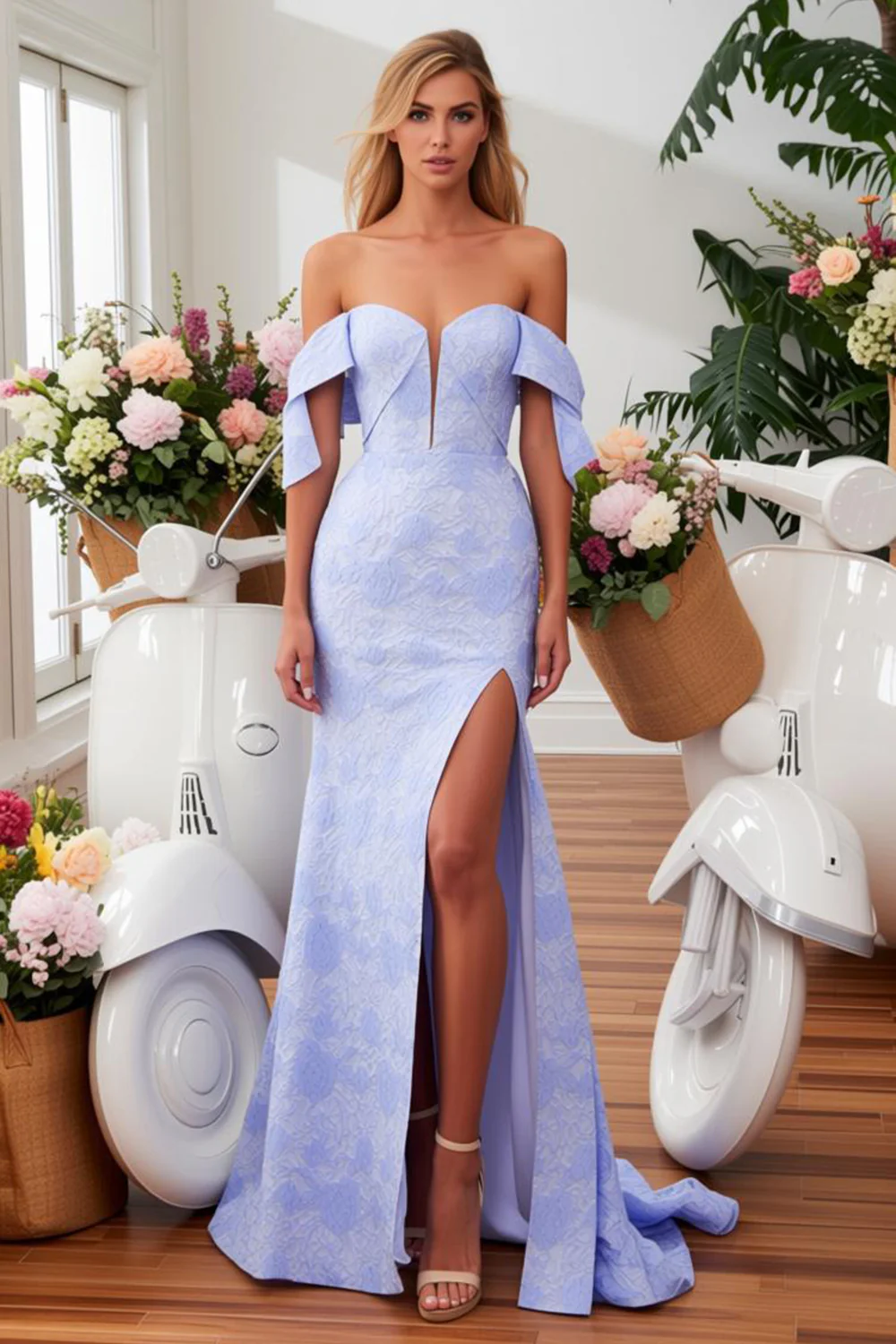 Blue Jacquard Mermaid Long Floral Prom Dress with Slit - VNBITS