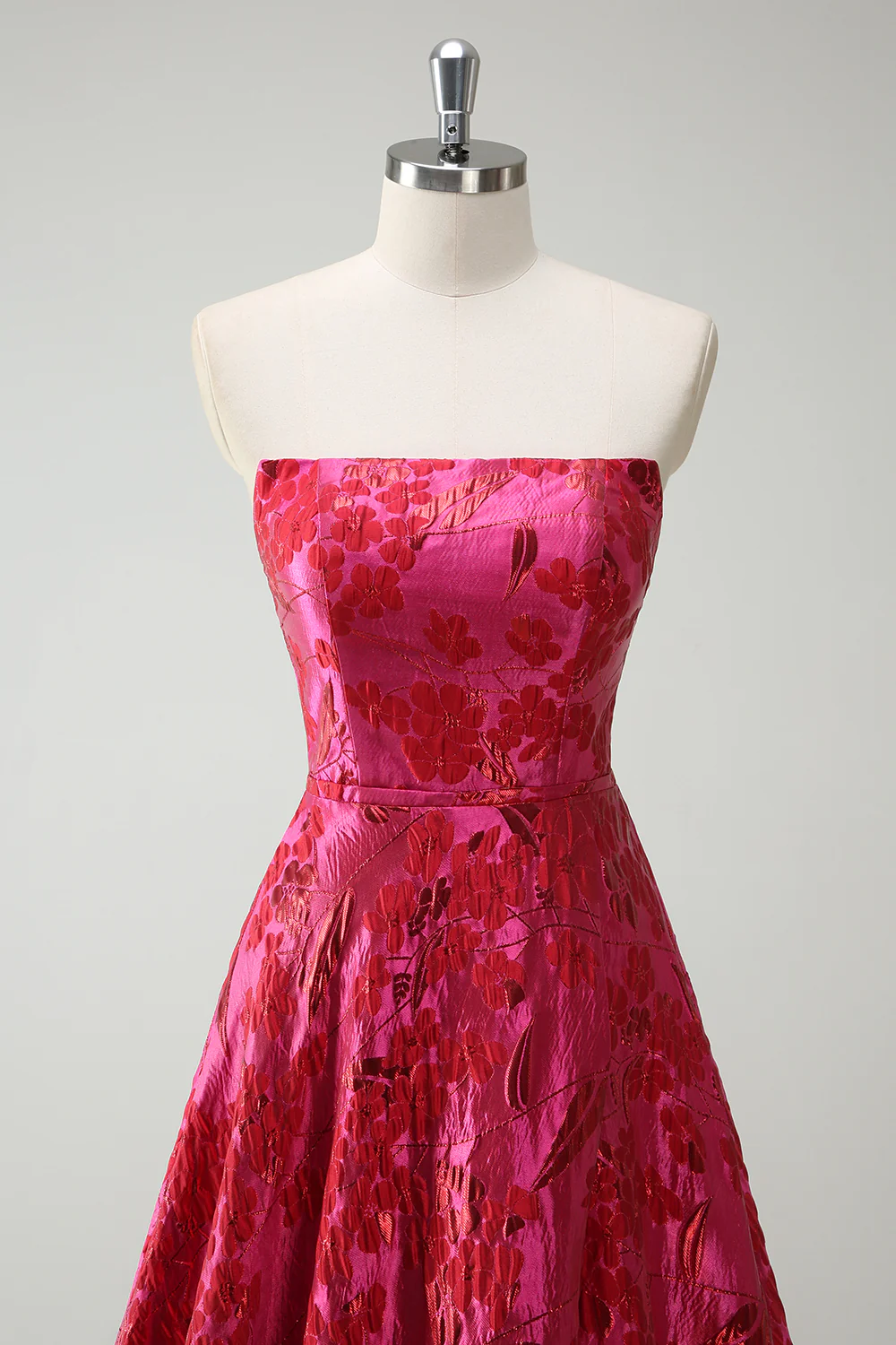 Strapless Fuchsia A Line Floral Long Prom Dress with Slit - VNBITS