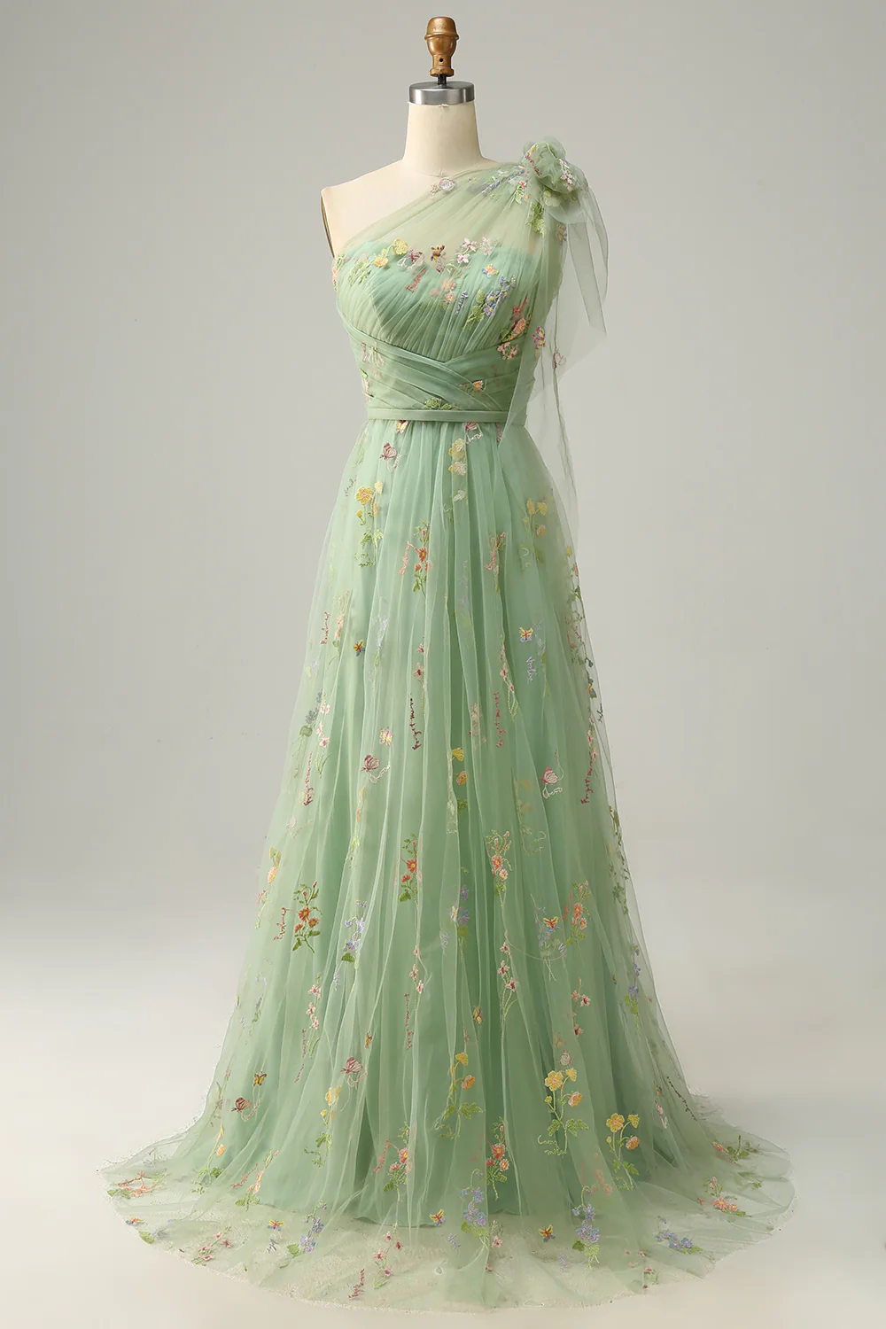 A-Line Grey Blue Long Prom Dress With Embroidery - VNBITS