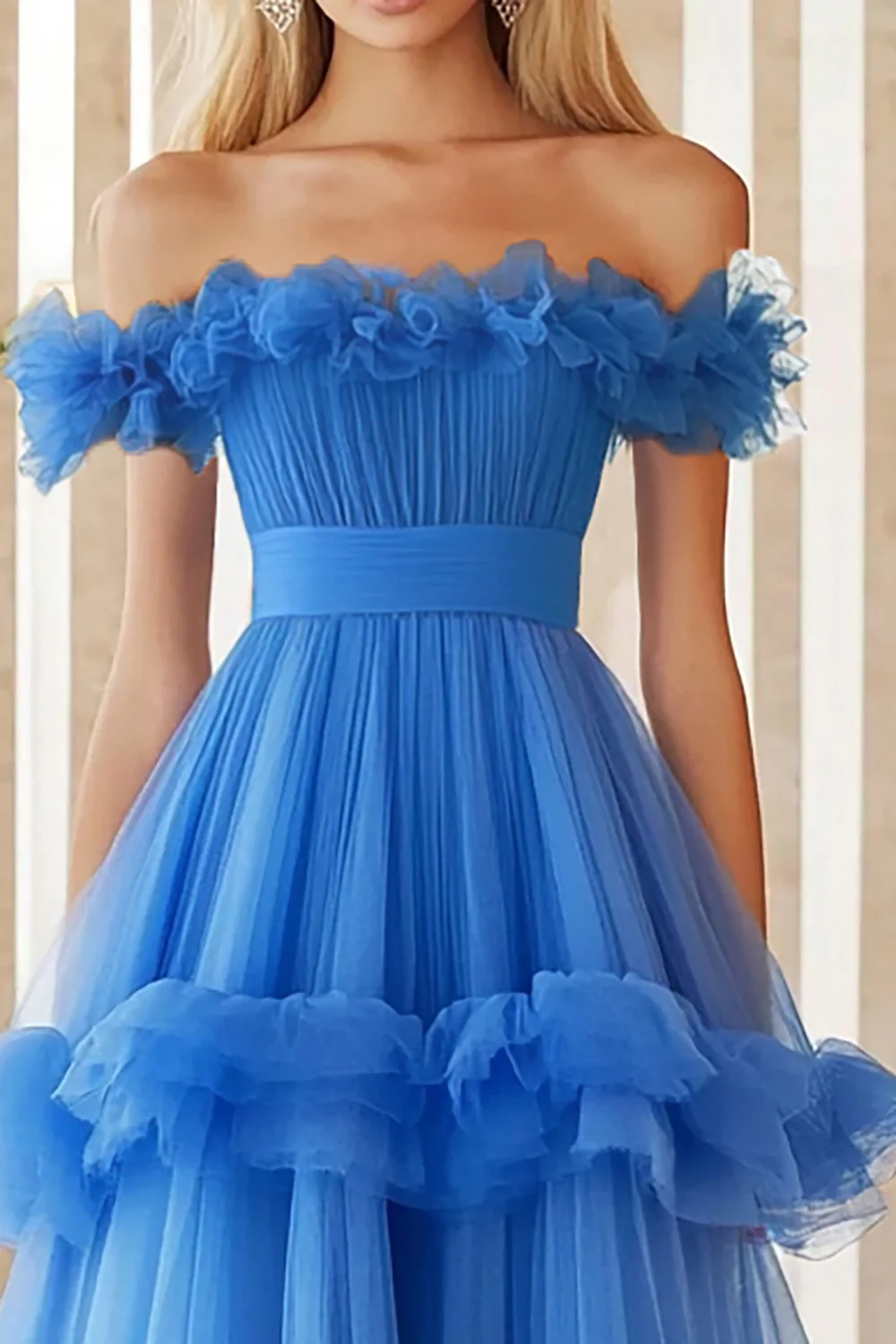 Blue Off the Shoulder A Line Long Tulle Prom Dress with Ruffles - VNBITS
