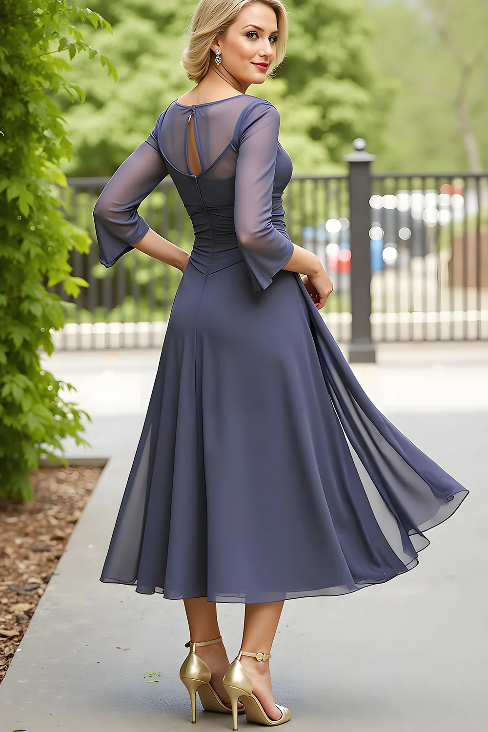 Steel Grey Chiffon A Line Boat Neck Long Mother of the Bride Dress with Sleeves - VNBITS