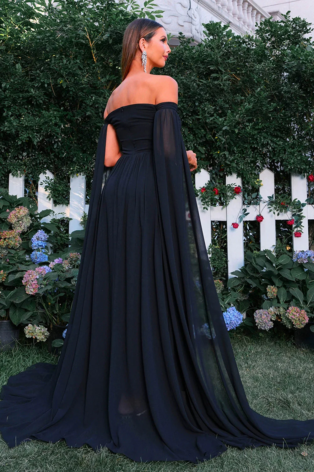 Elegant Black Off-Shoulder Prom Dress with Flowing Cape Sleeves - VNBITS