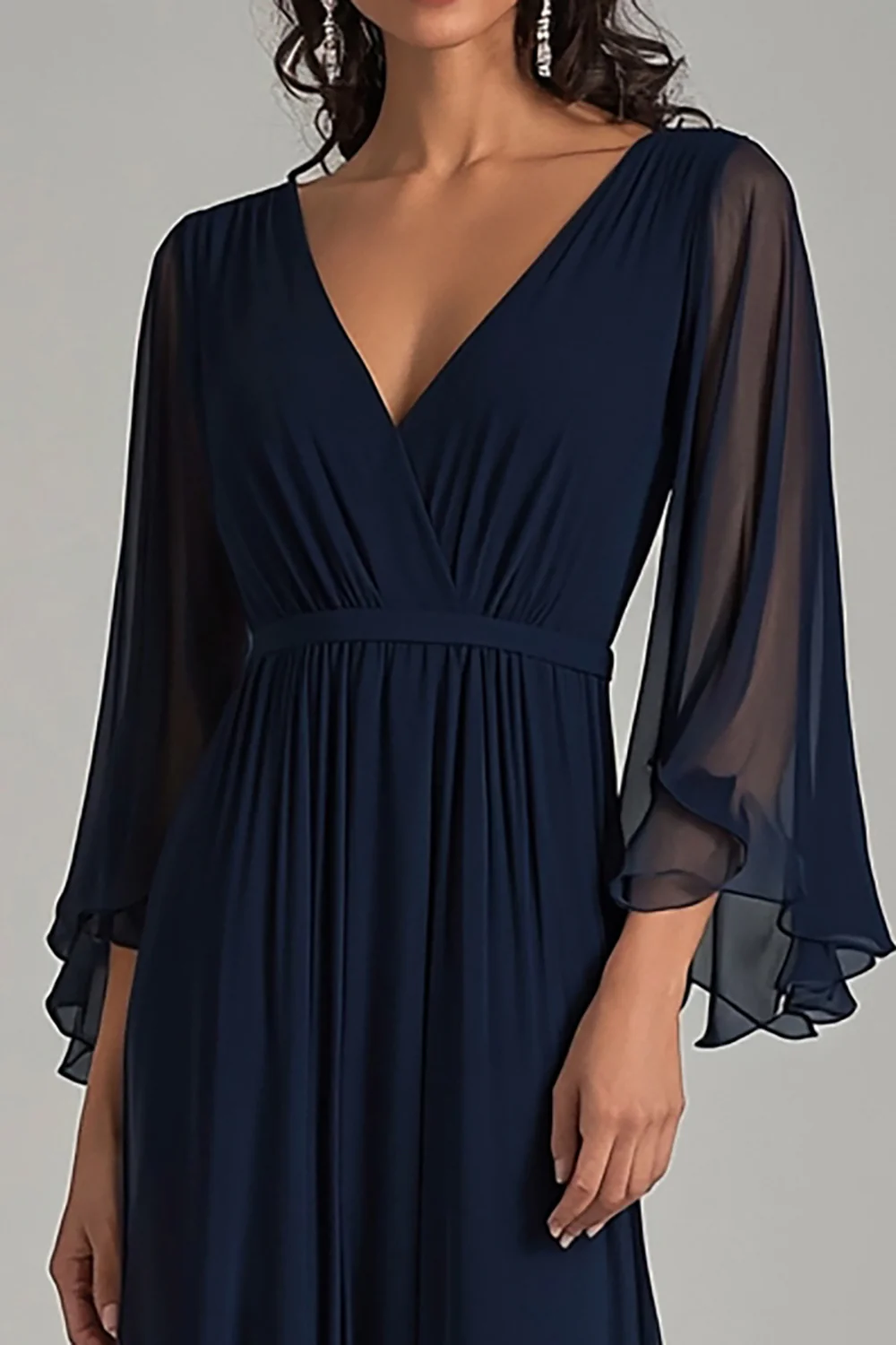 Navy V-Neck Chiffon Long Formal Dress with Half Sleeves - VNBITS