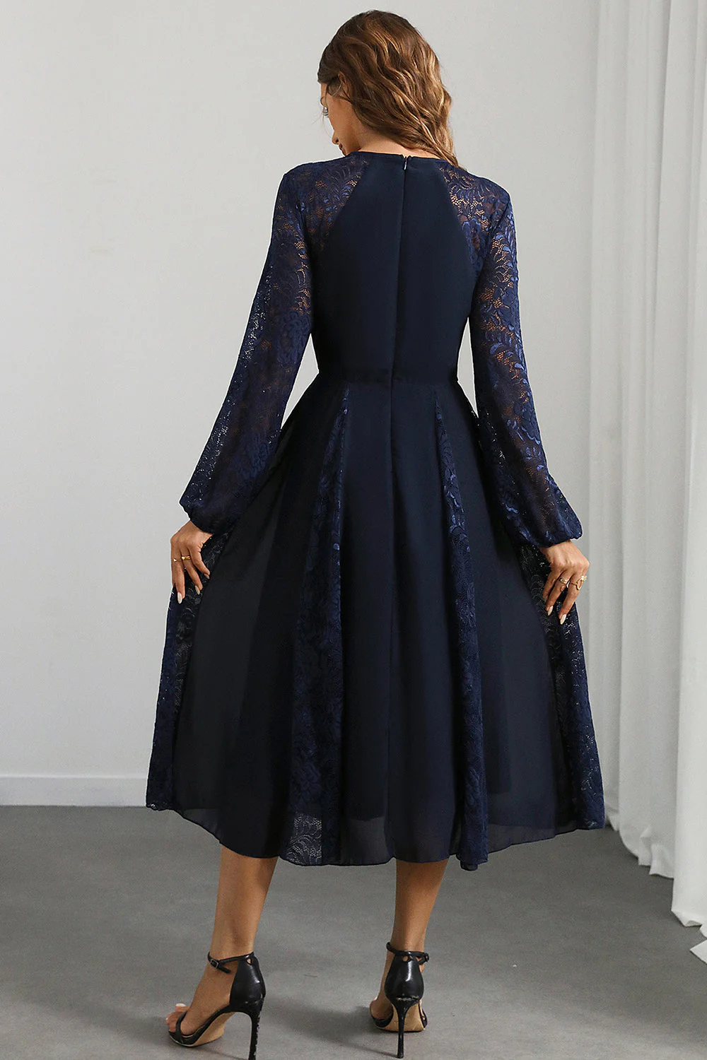 Navy A Line Round Neck Long Prom Dress with Long Sleeves - VNBITS