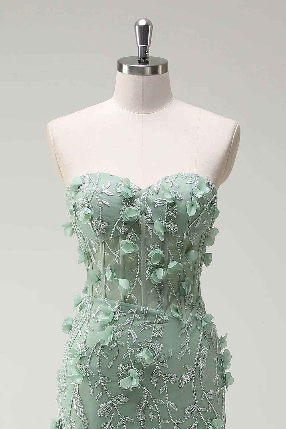 Sage Floral Beaded Mermaid Sweetheart Long Prom Dress with Slit - VNBITS
