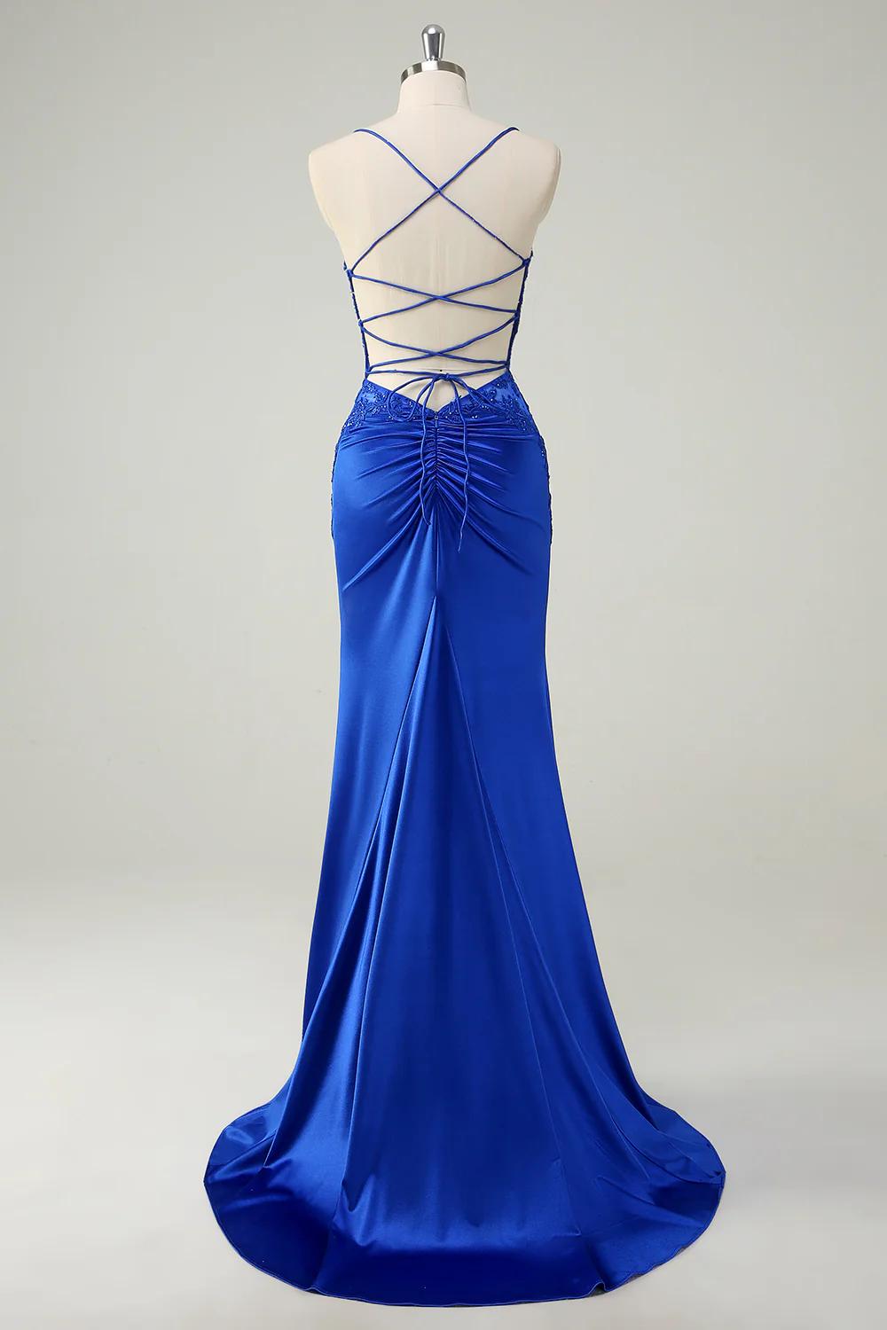 Royal Blue Floral Mermaid Spaghetti Straps Long Prom Dress with Slit - VNBITS