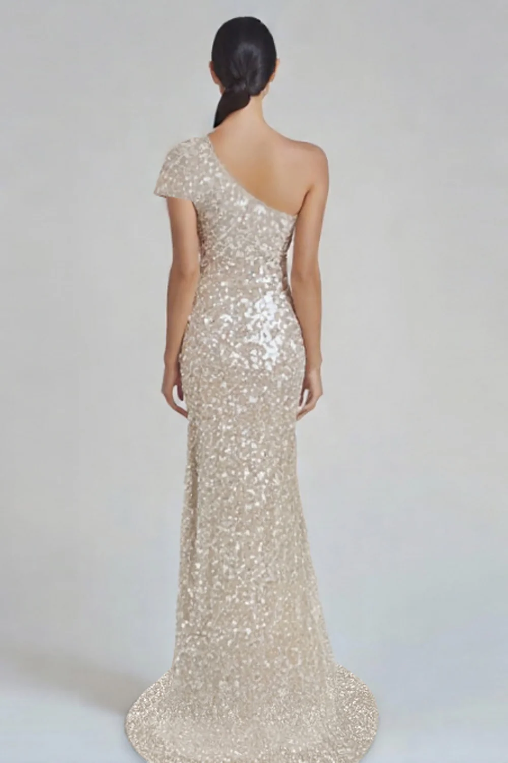 Sparkly Champagne Mermaid One Shoulder Formal Dress with Sequins - VNBITS