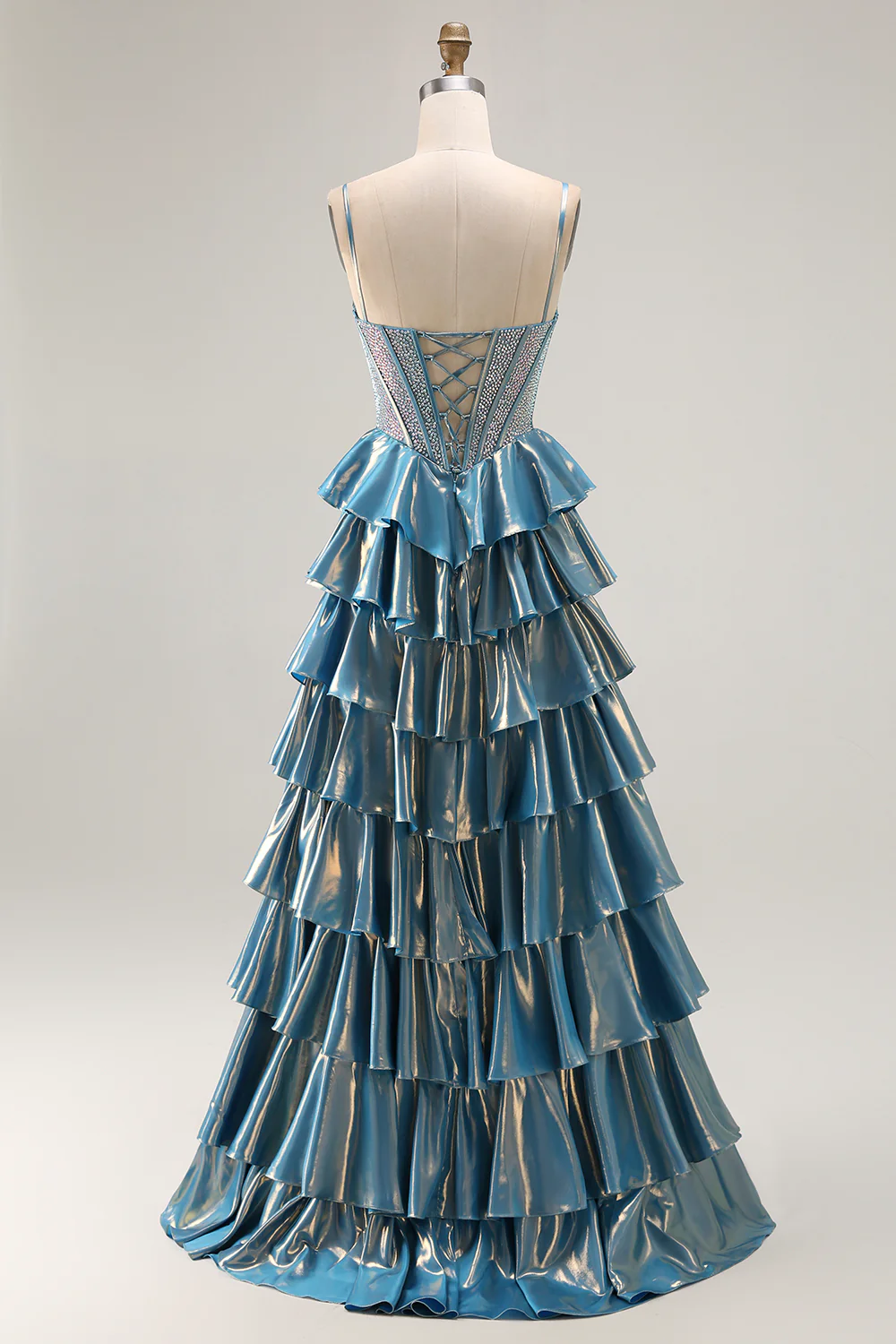 Sparkly Blue Ruffled Metallic Corset Beaded Long Prom Dress with Bow - VNBITS