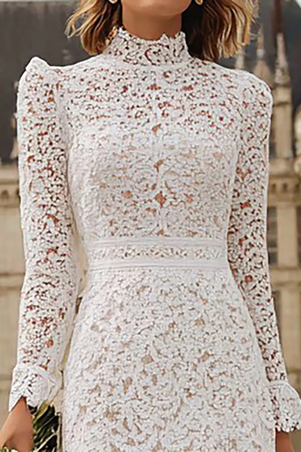 Ivory High Neck Ruffled Lace Midi Engagement Dress with Sleeves - VNBITS
