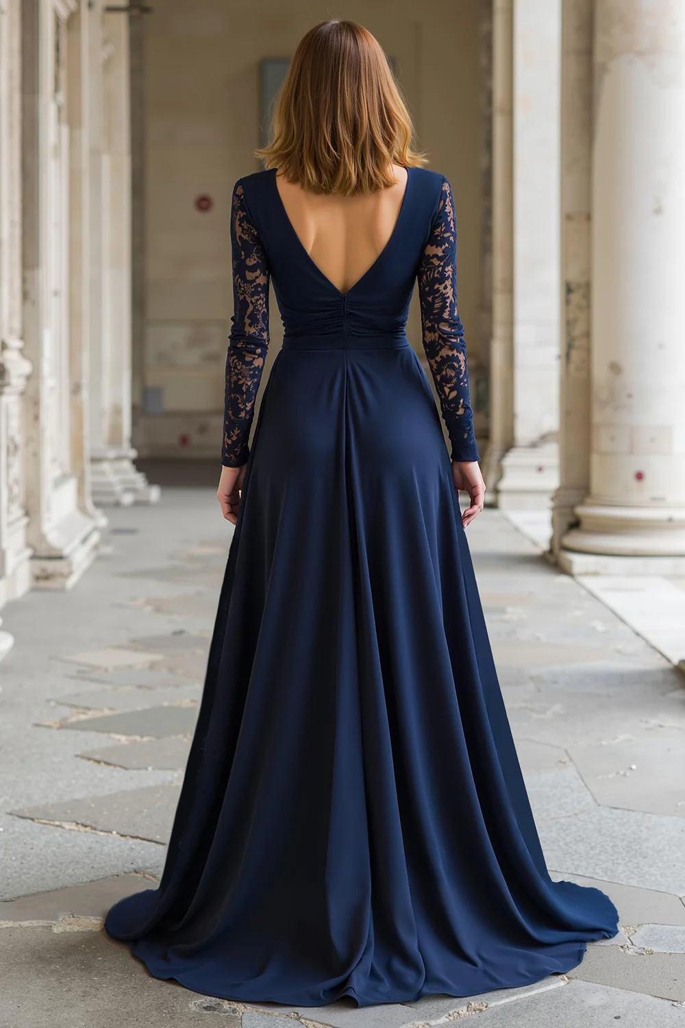 Navy V-Neck Chiffon A-Line Long Mother of the Bride Dress with Lace - VNBITS