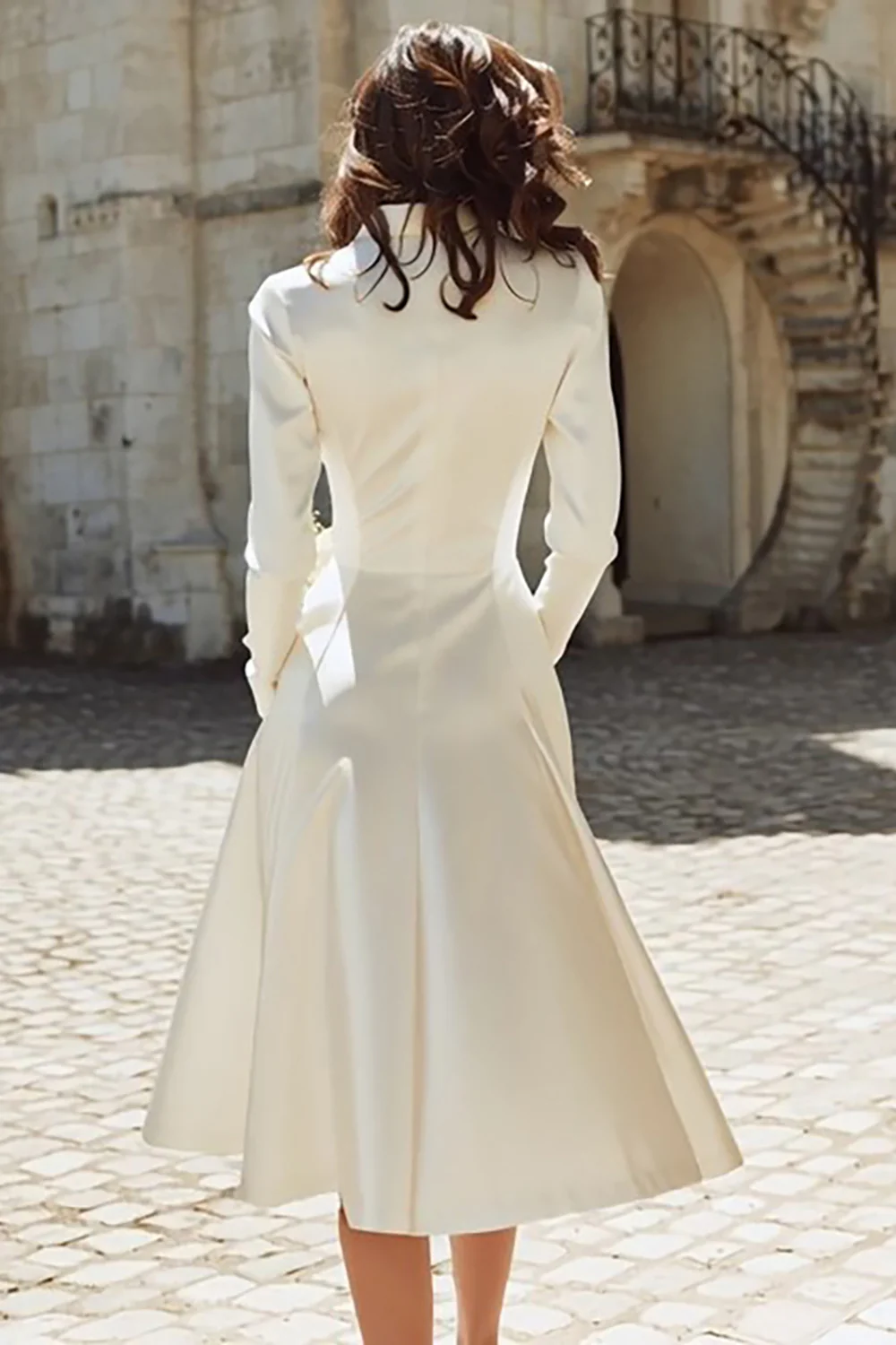 Ivory Peak Lapel A Line Midi Engagement Blazer Dress with Sleeves - VNBITS