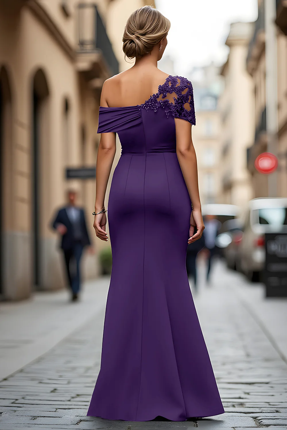 Black One Shoulder Sheath Long Mother of the Bride Dress with Appliques - VNBITS