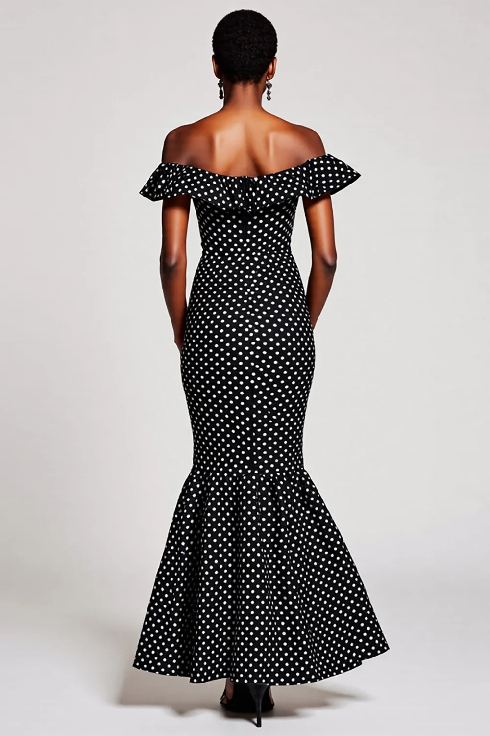 Black and White Mermaid Off the Shoulder Maxi Polka Dot Dress - VNBITS