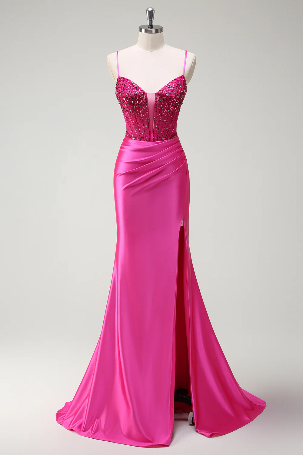 Fuchsia Spaghetti Straps Beaded Mermaid Long Prom Dress with Slit - VNBITS