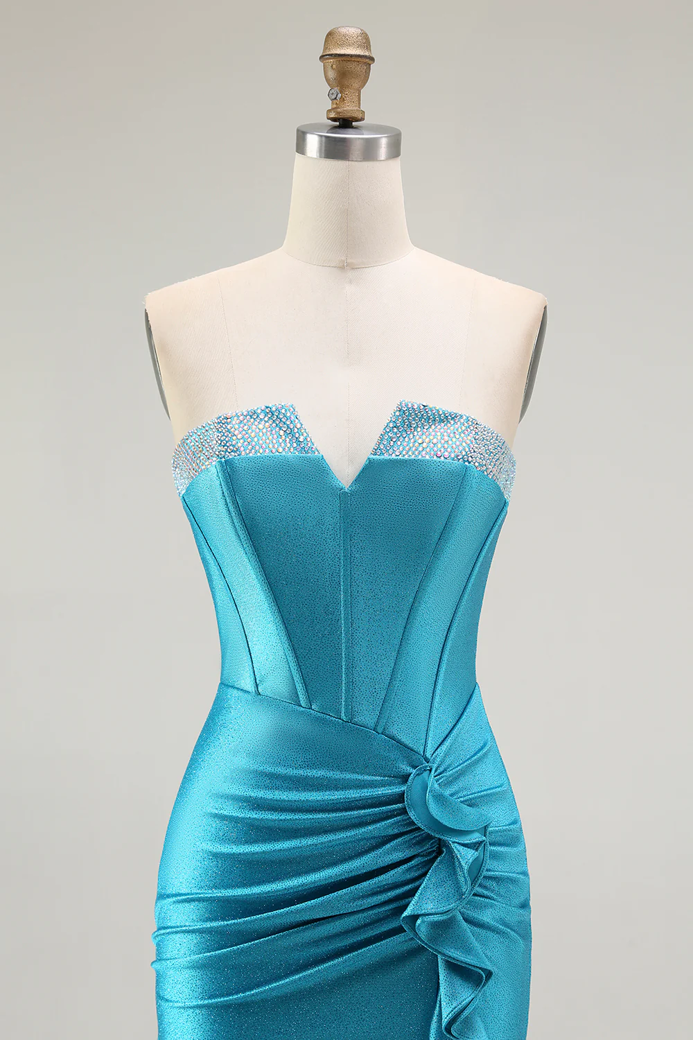 Sparkly Blue Strapless Corset Mermaid Long Prom Dress with Ruffles - VNBITS