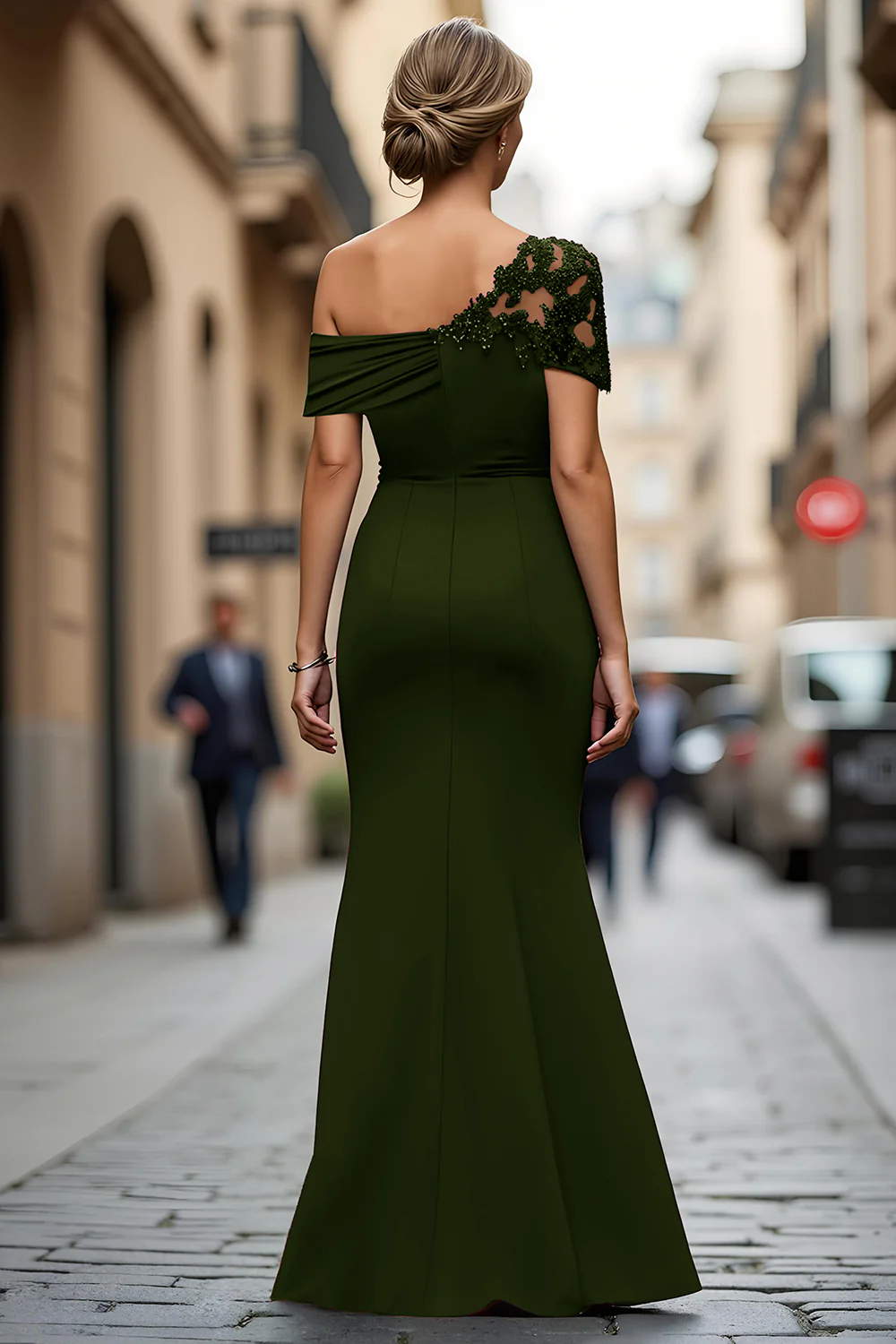 Black One Shoulder Sheath Long Mother of the Bride Dress with Appliques - VNBITS